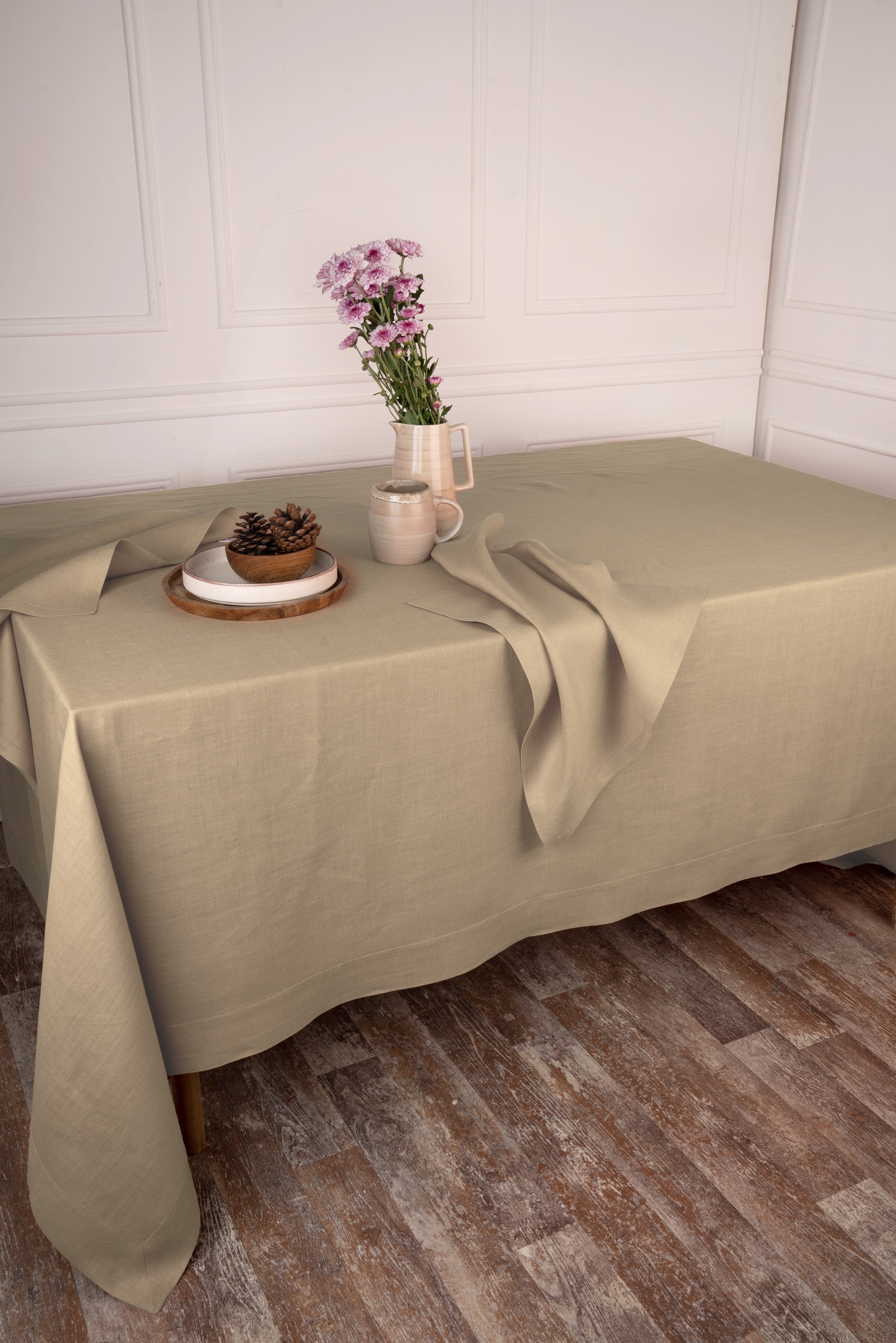 Champagne Beige Linen Tablecloth, Hemmed