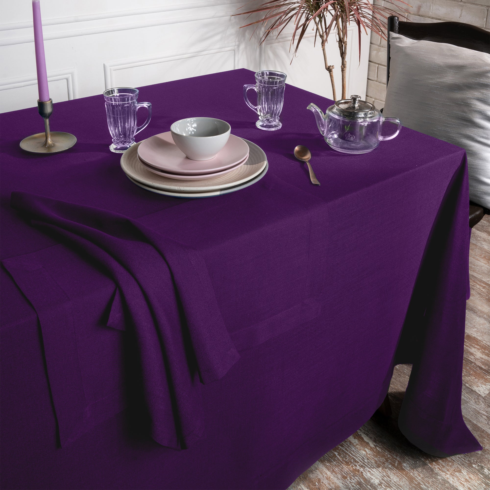 Purple Tablecloth, Faux Linen, Mitered Corner