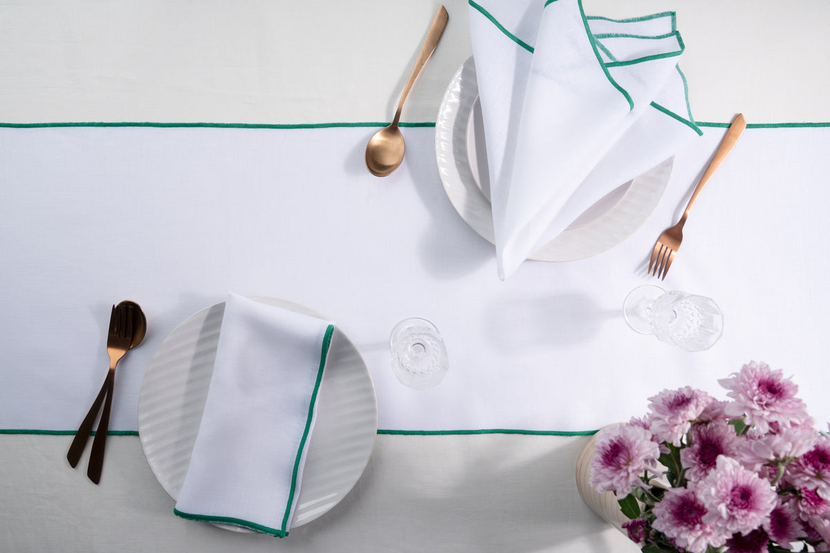 White & Green Linen Table Runner- Marrow Edge