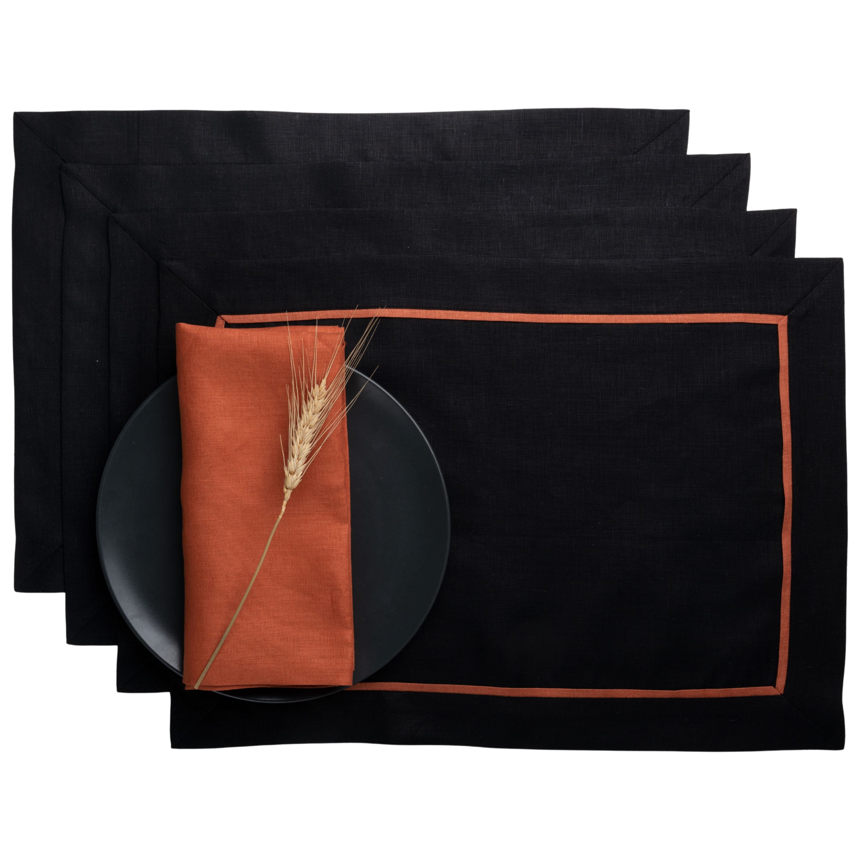 Black and Rust Linen Placemats, Reversible, 14 x 19 inch, 4 pcs