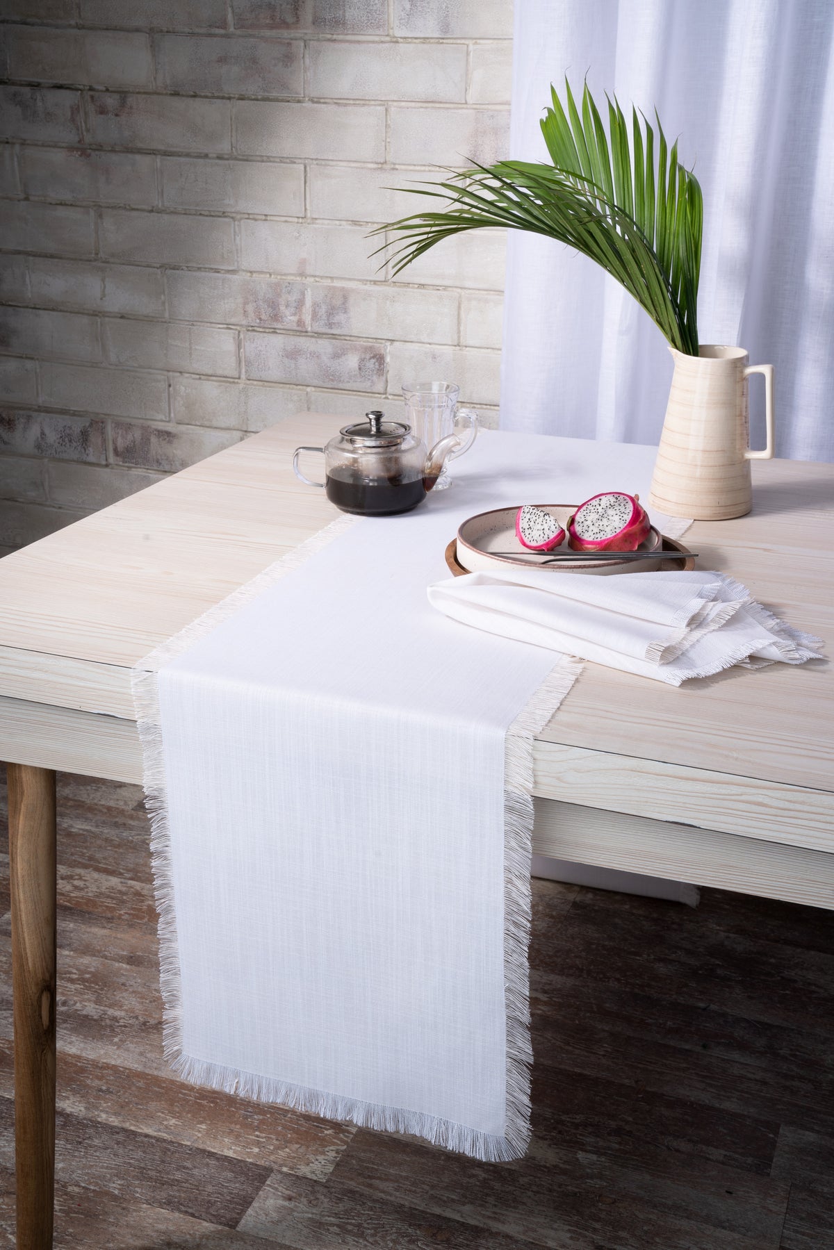 Chambray Cream and White Linen Textured Table Runner - Fringe