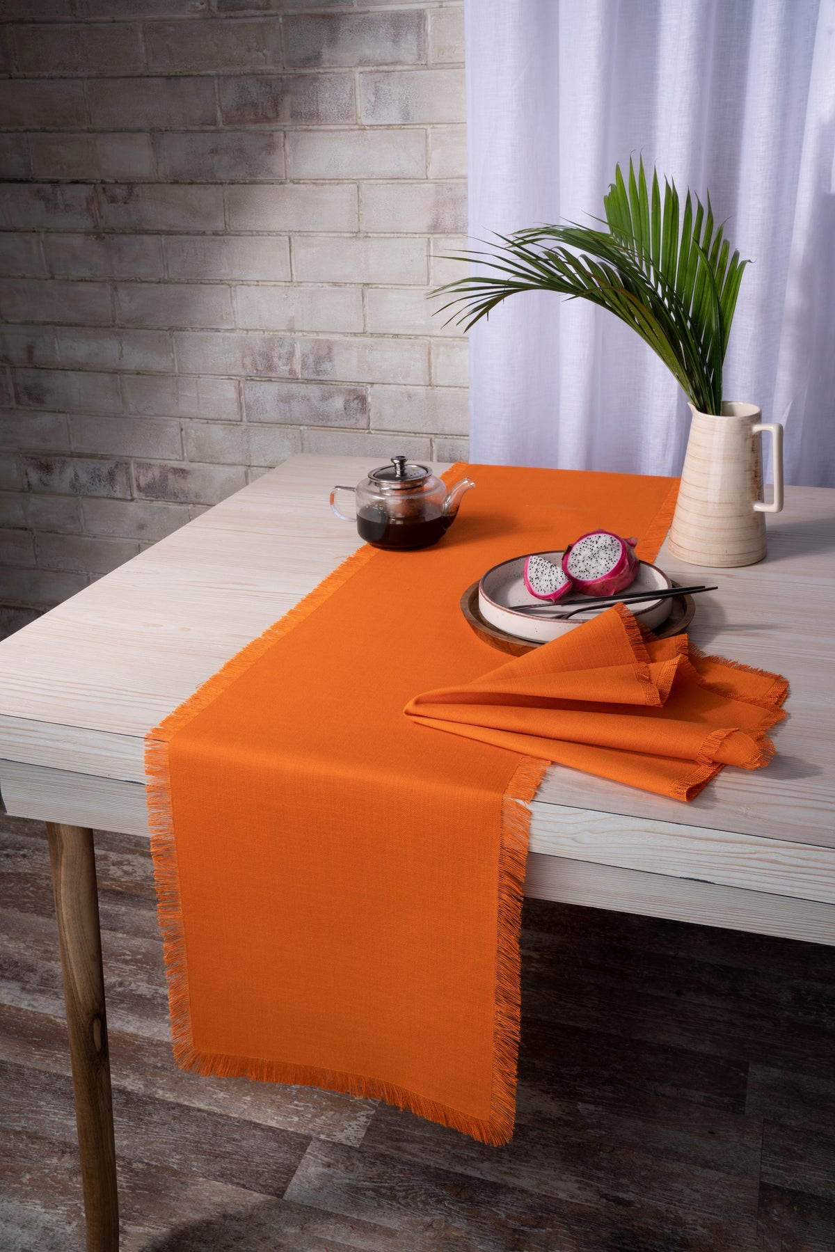 Orange Linen Textured Table Runner - Fringe