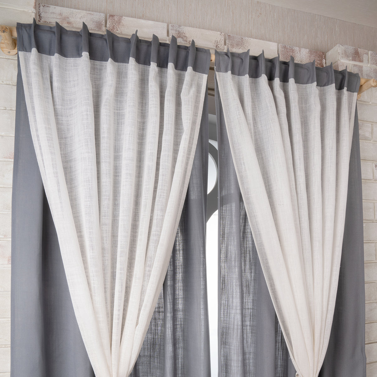 Charcoal Grey Faux Linen with Sheer Jute Overlay Curtain