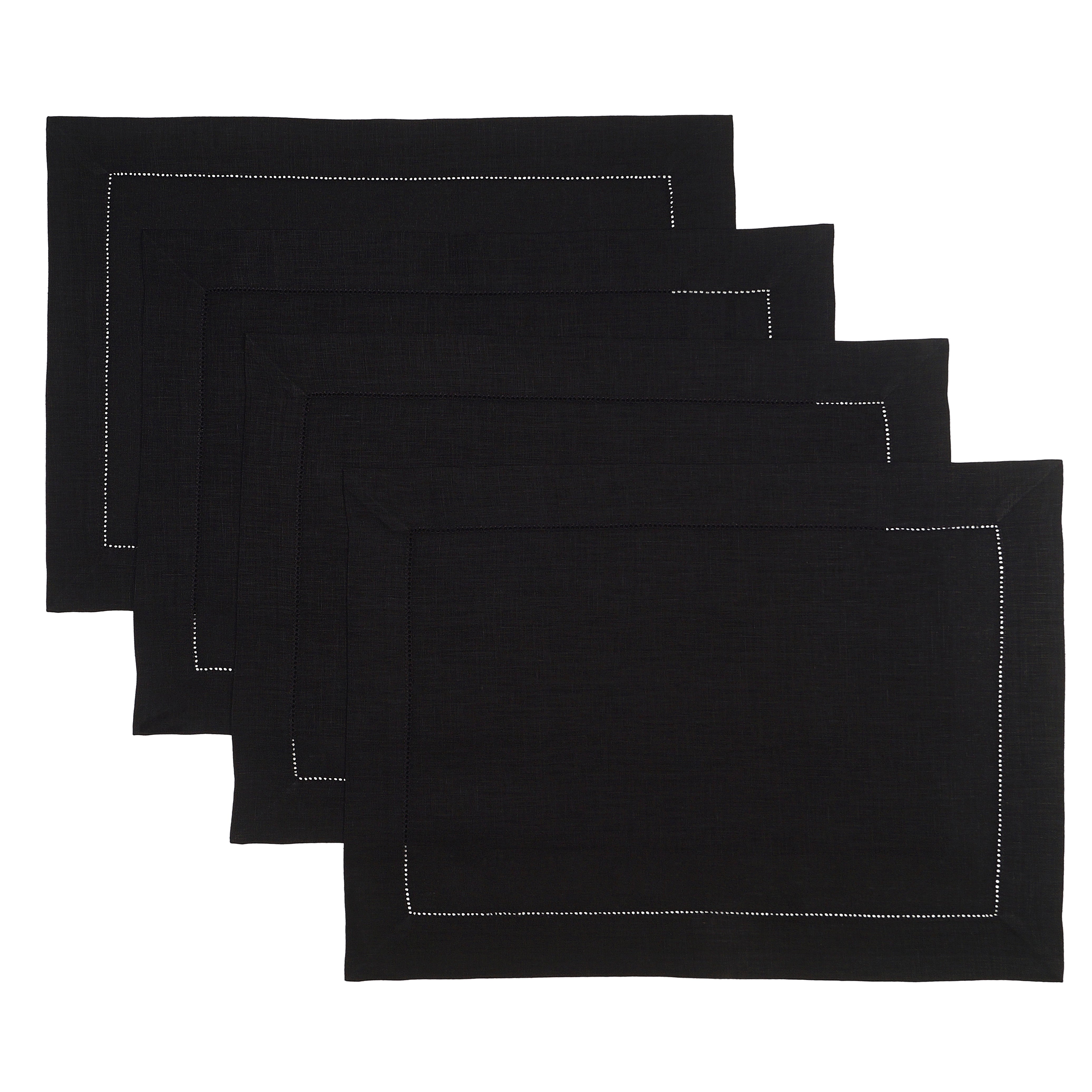 Black Linen Placemats, Hemstitch, 14 x 19 inch, 4 pcs