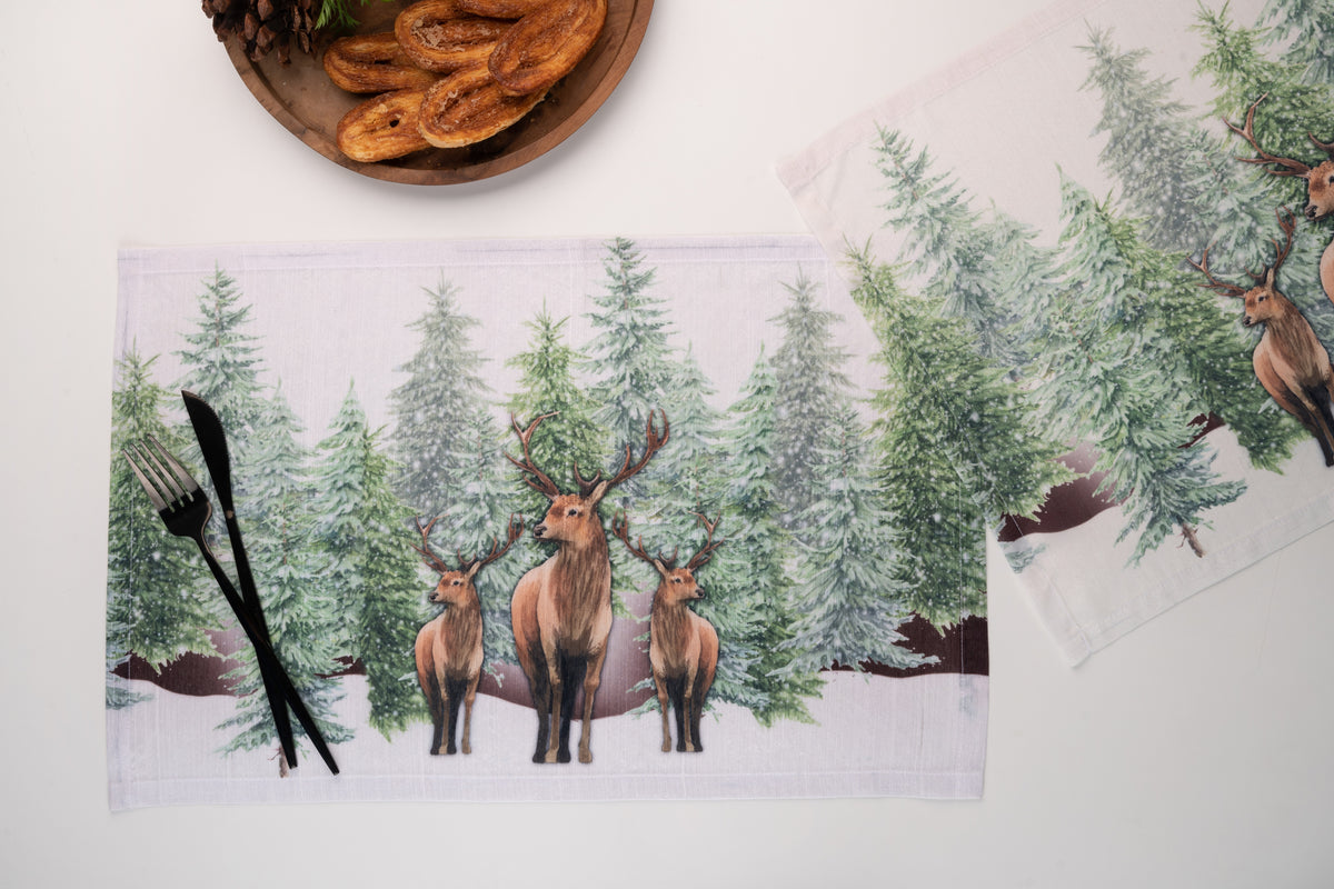Reindeer & Pine Tree Raw Silk Textured Placemats 13 x 18 Inch Set of 4 - Christmas Print