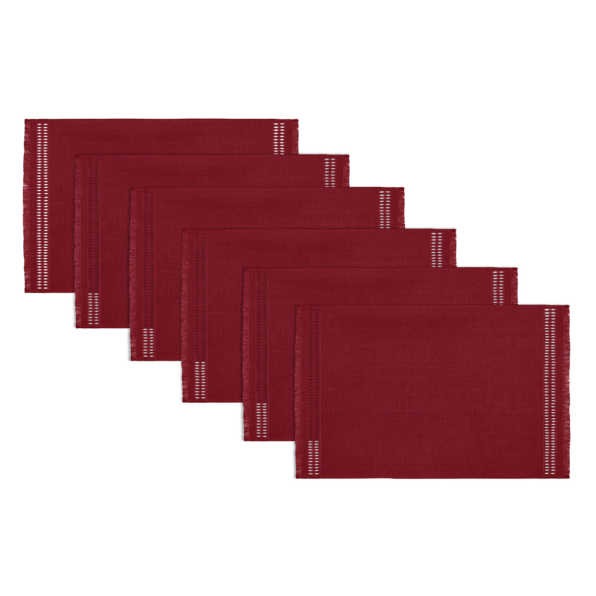 Red Faux Linen Placemats, Hand Hemstitch, 14 x 19 inch, 6 pcs