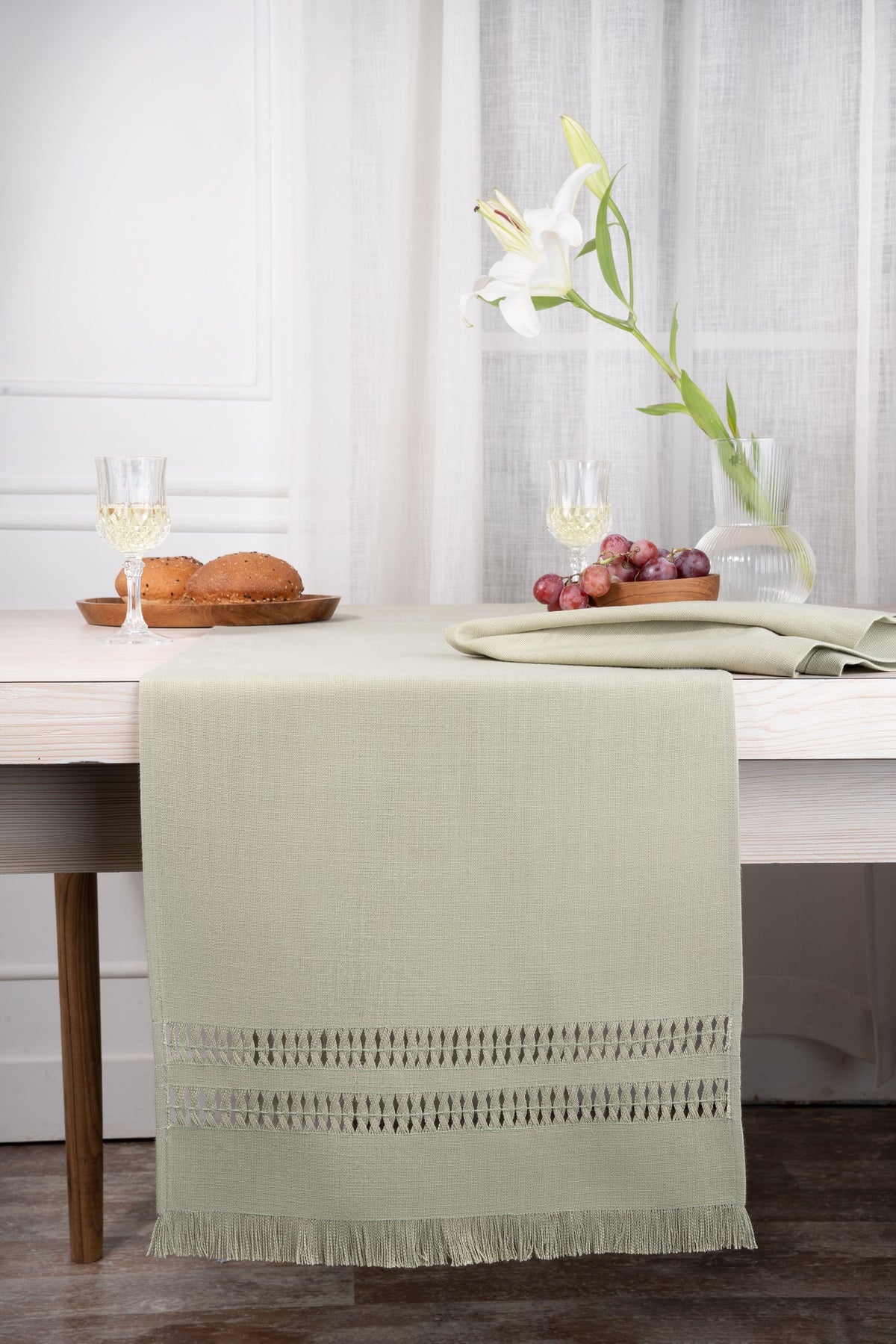 Sage Green Linen Textured Table Runner - Hand Hemstitch
