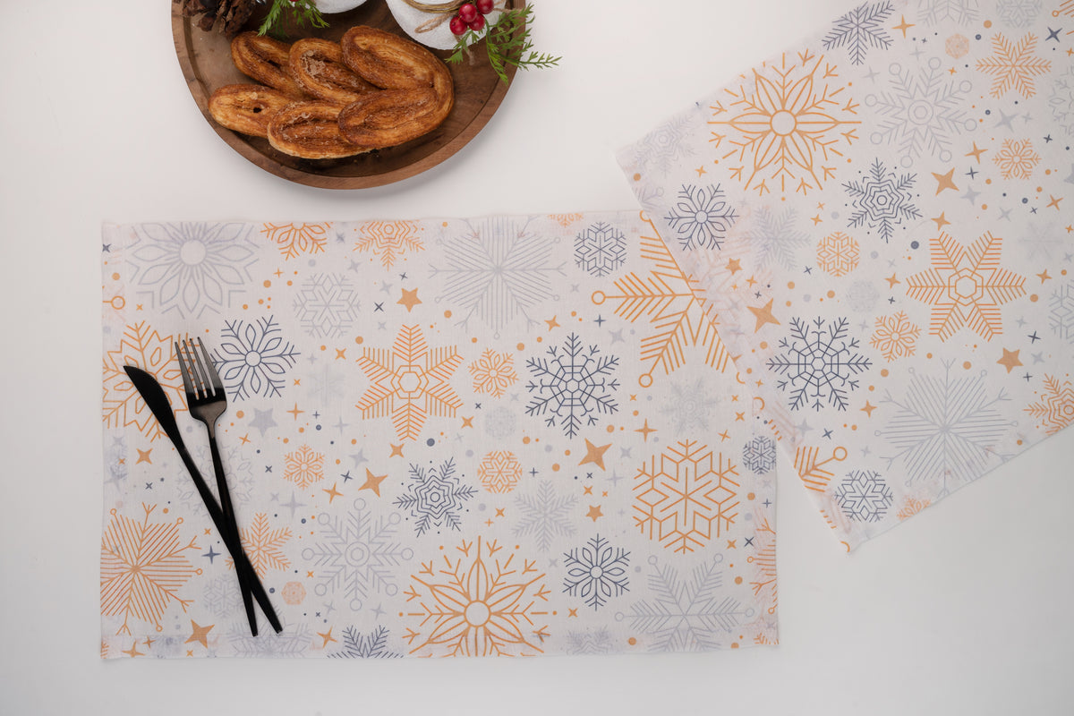 Snowflake Raw Silk Textured Placemats 13 x 18 Inch Set of 4 - Christmas Print