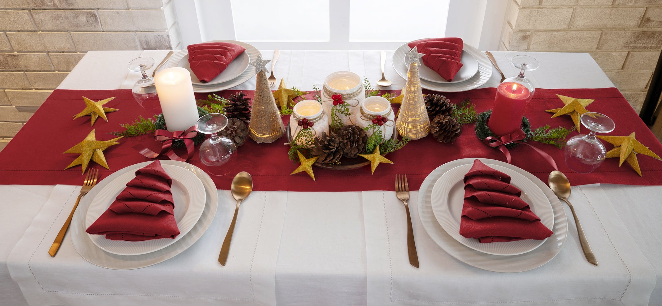 Red Linen Table Runner, Hemstitch