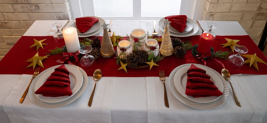 Red Linen Table Runner, Hemstitch