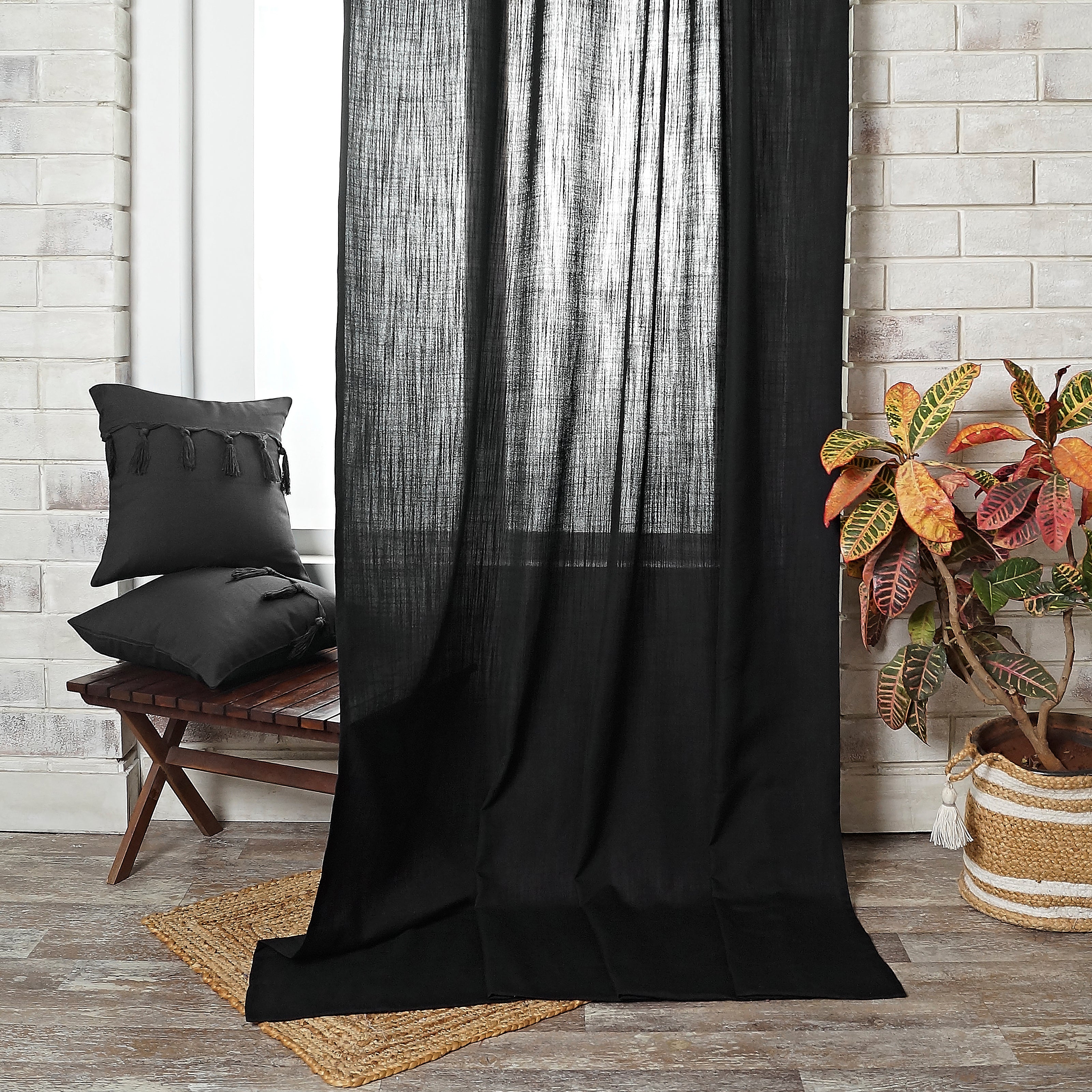 Black Faux Linen Curtain