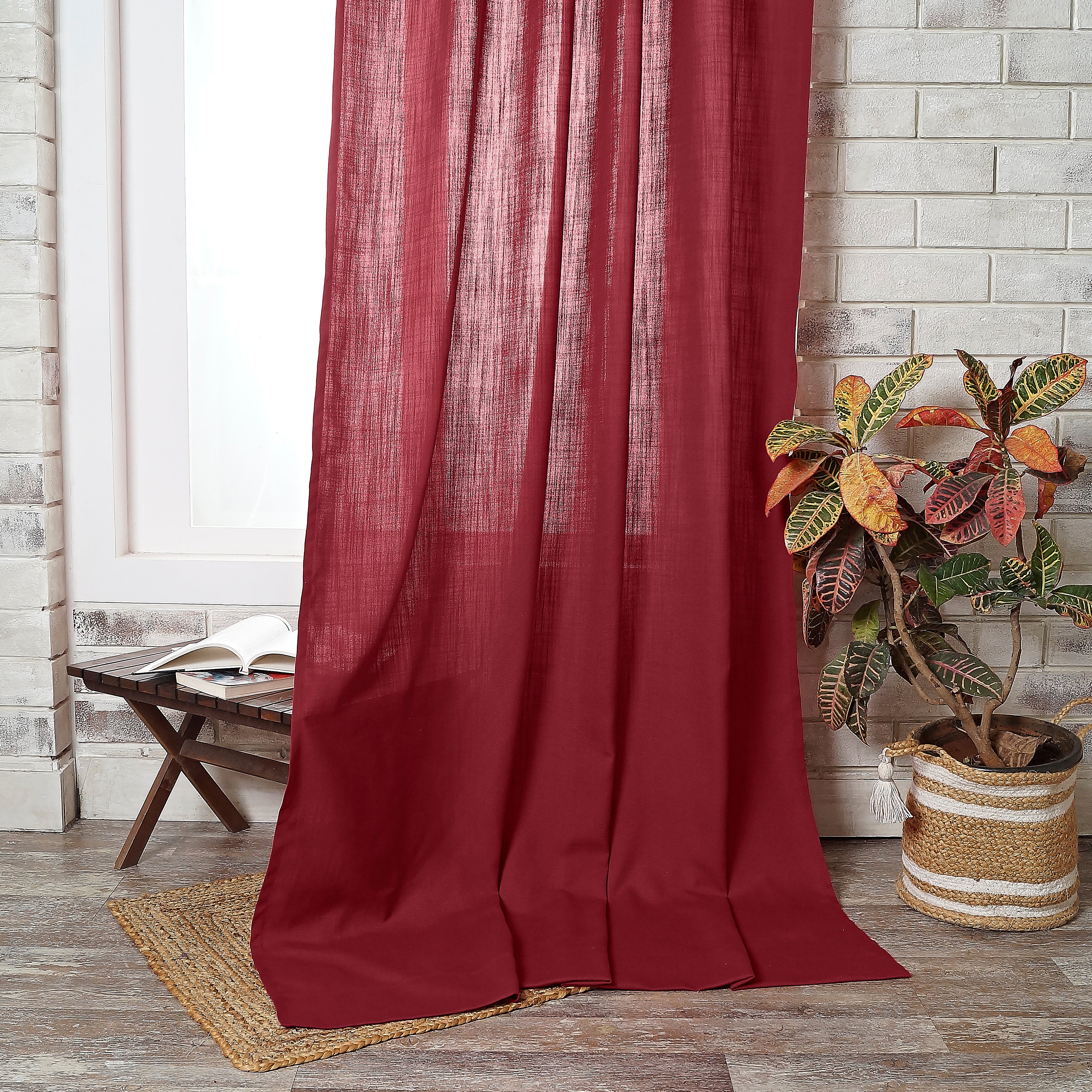 Red Faux Linen Curtain