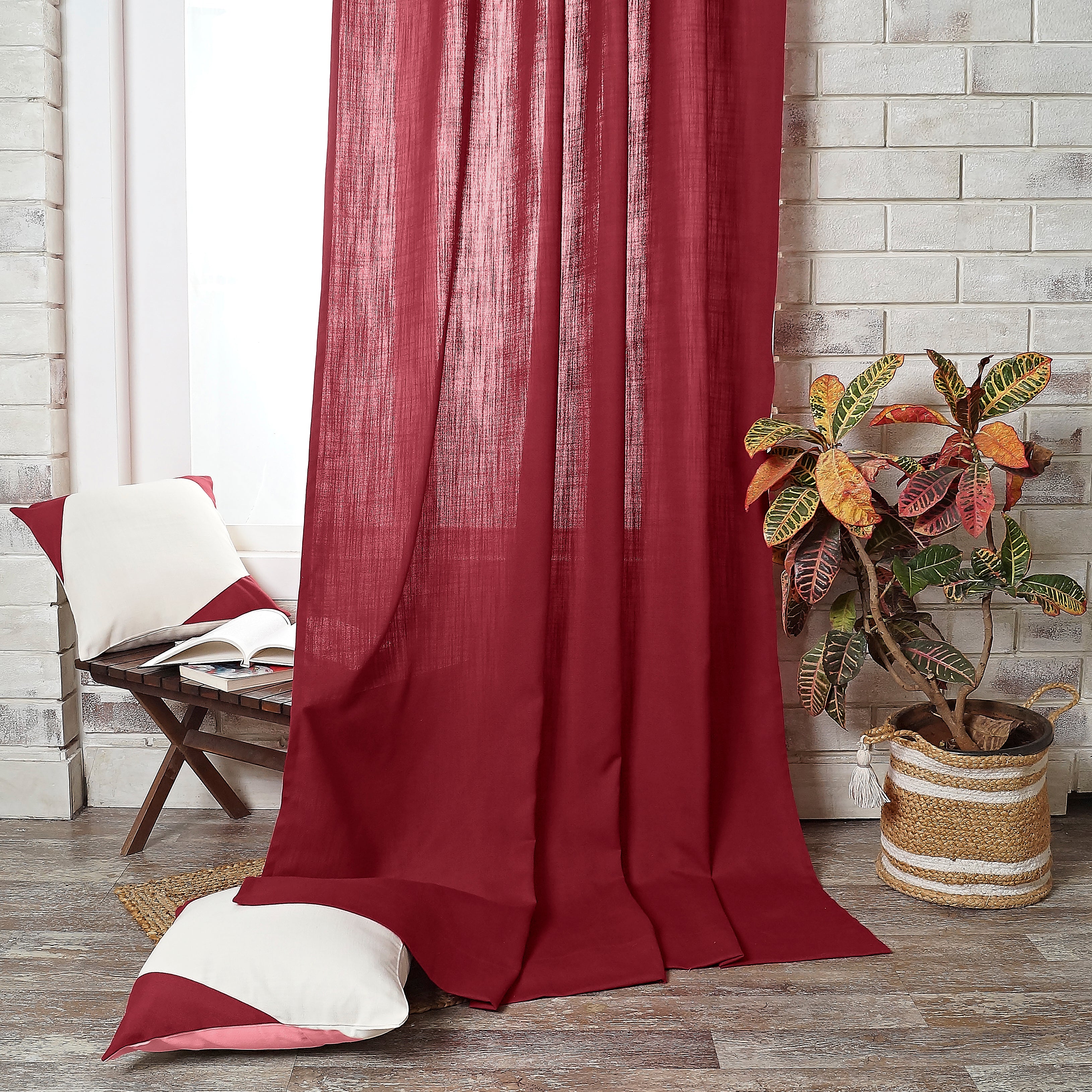 Red Faux Linen Curtain