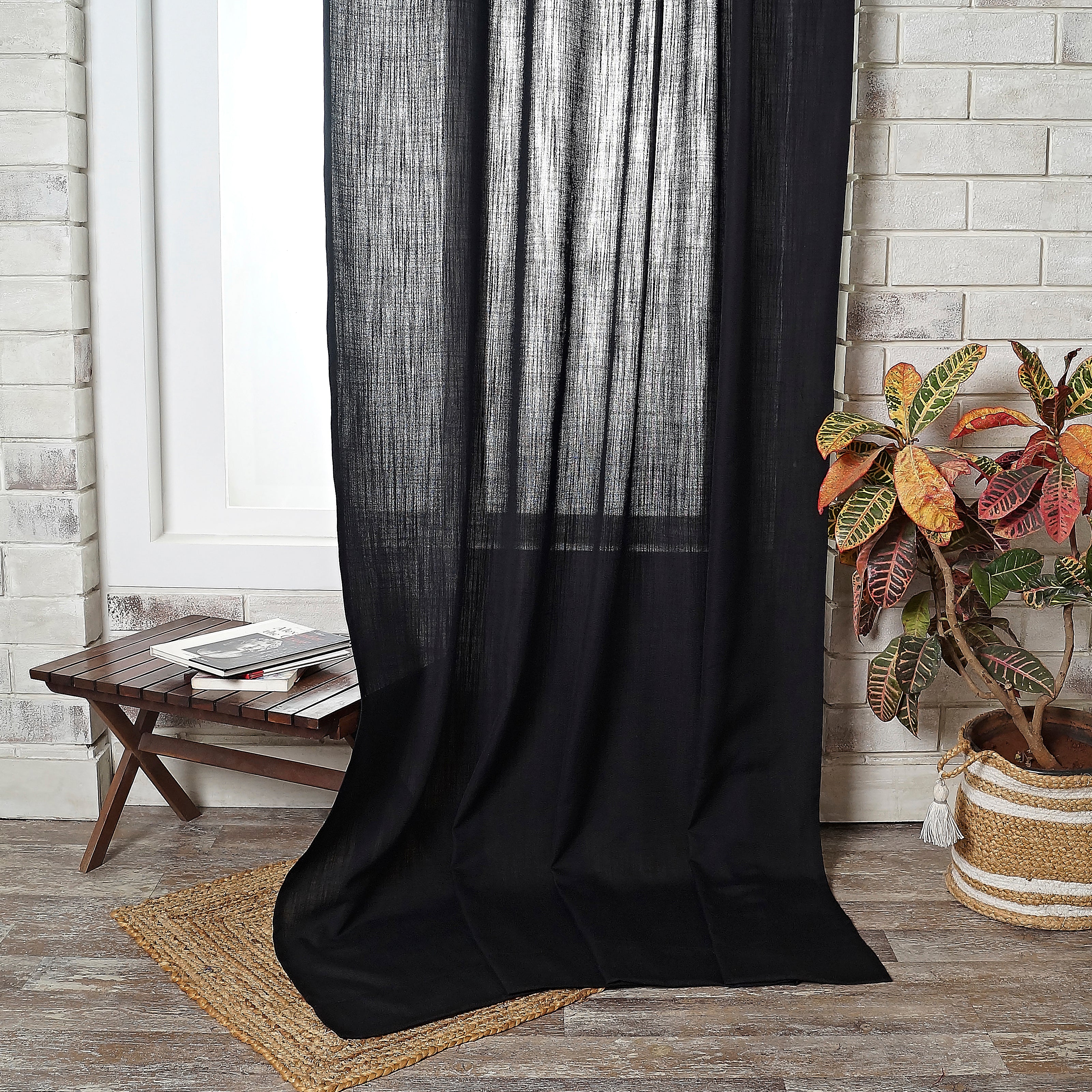 Black Faux Linen Curtain