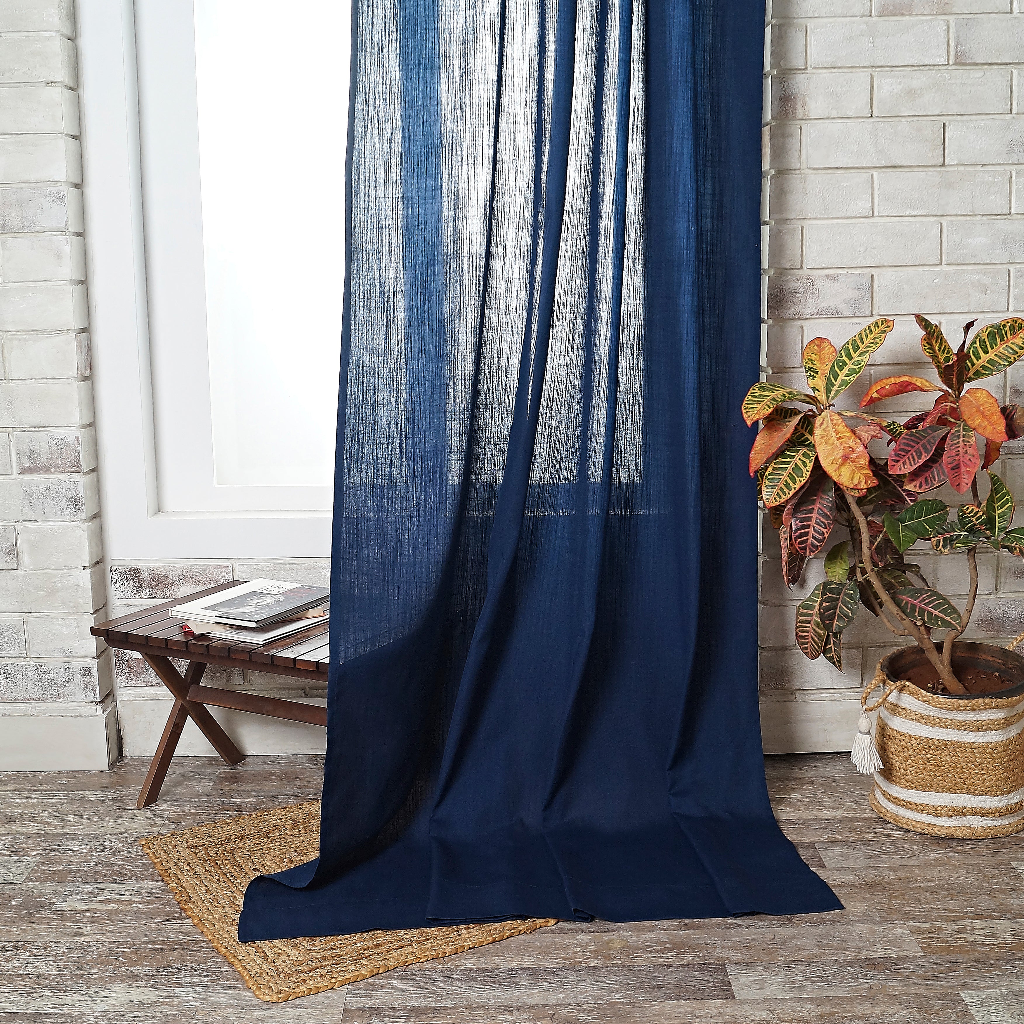 Navy Blue Faux Linen Curtain