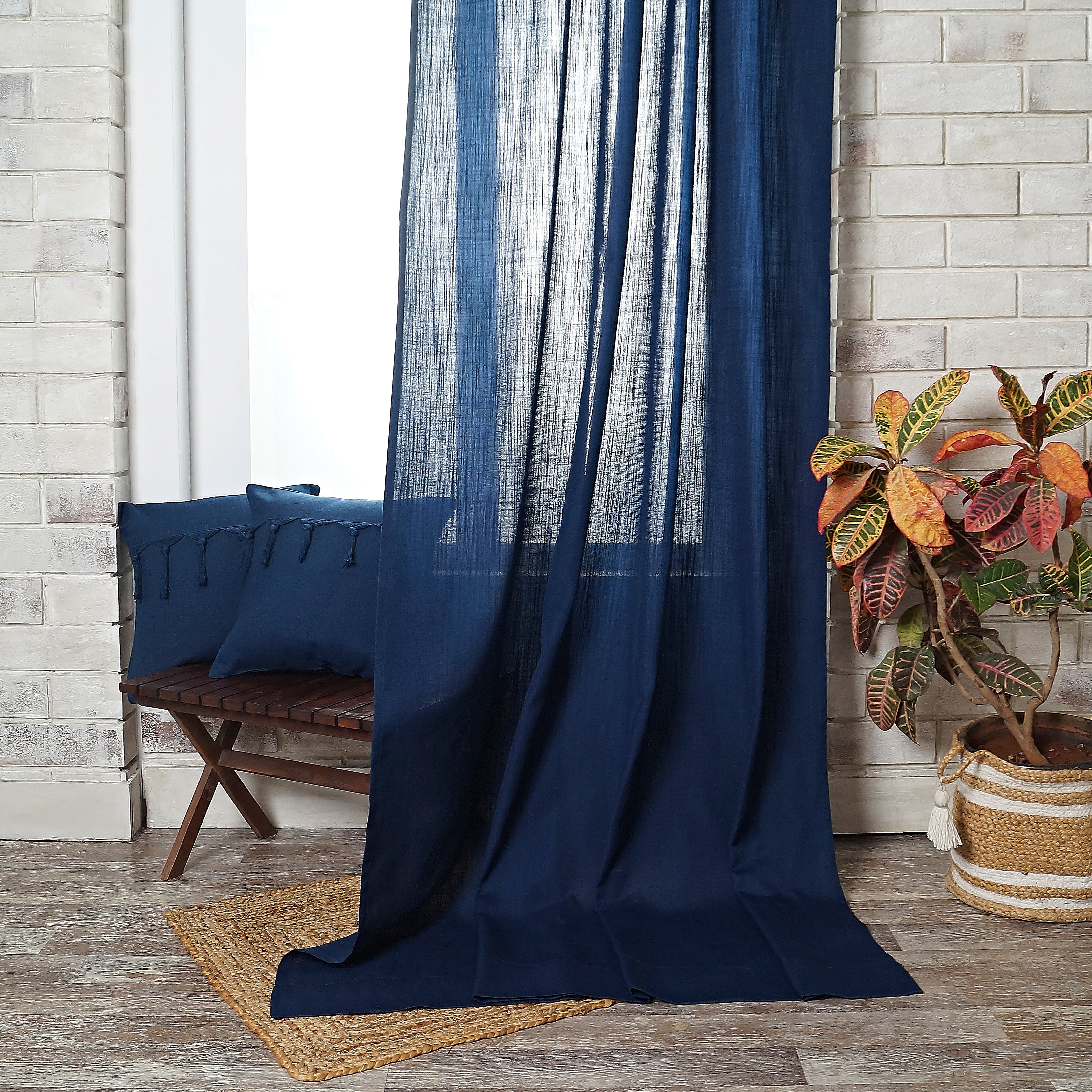 Navy Blue Faux Linen Curtain