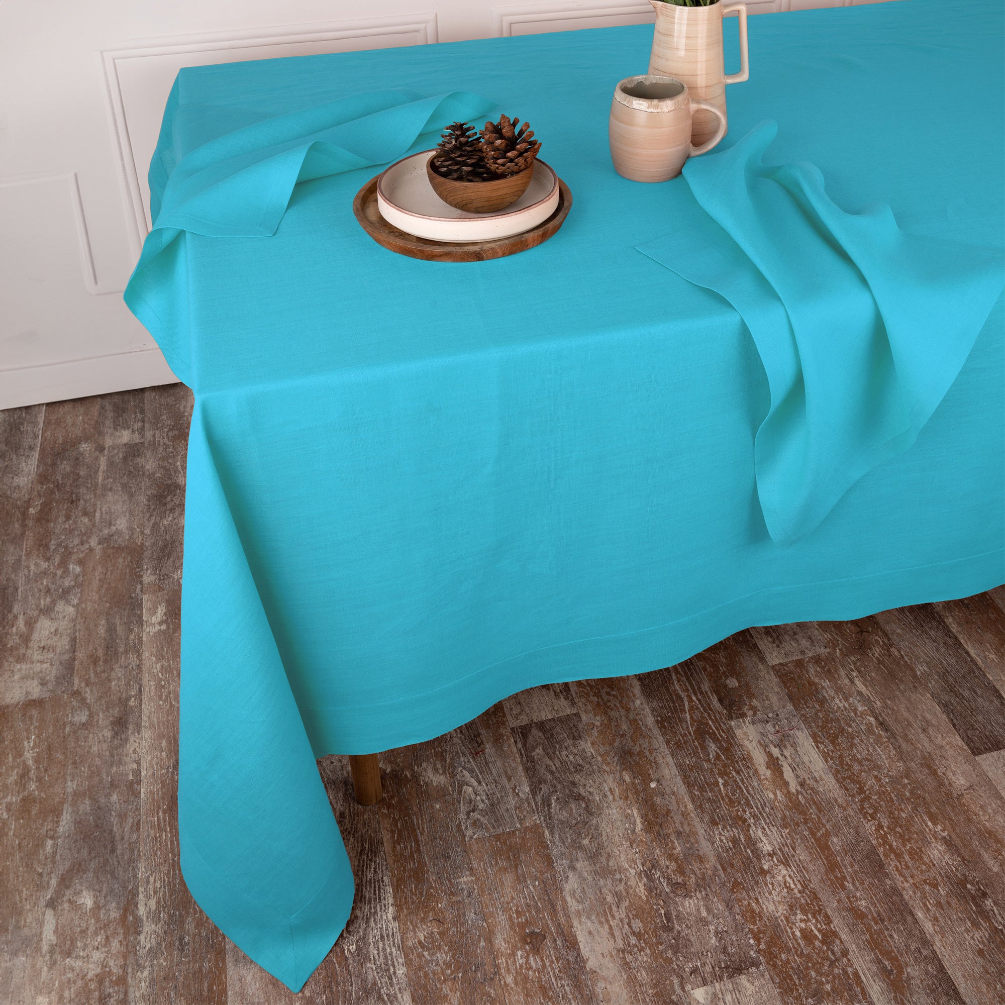 Cyan Blue Linen Tablecloth, Hemmed