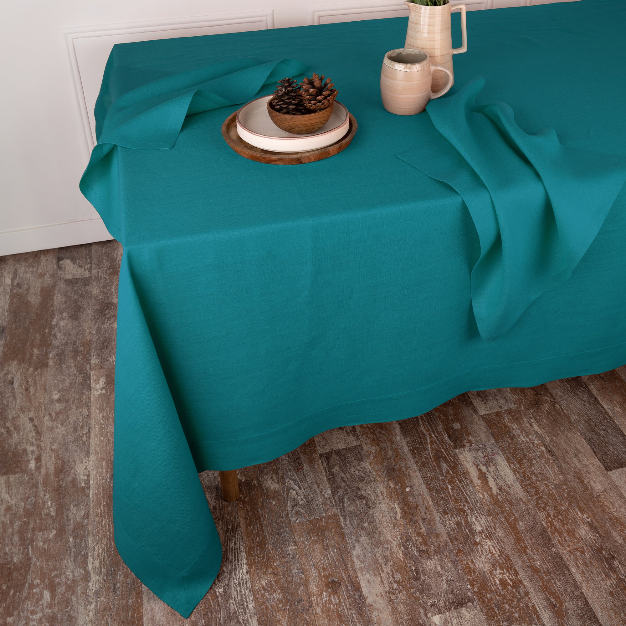 Teal Blue Linen Tablecloth, Hemmed