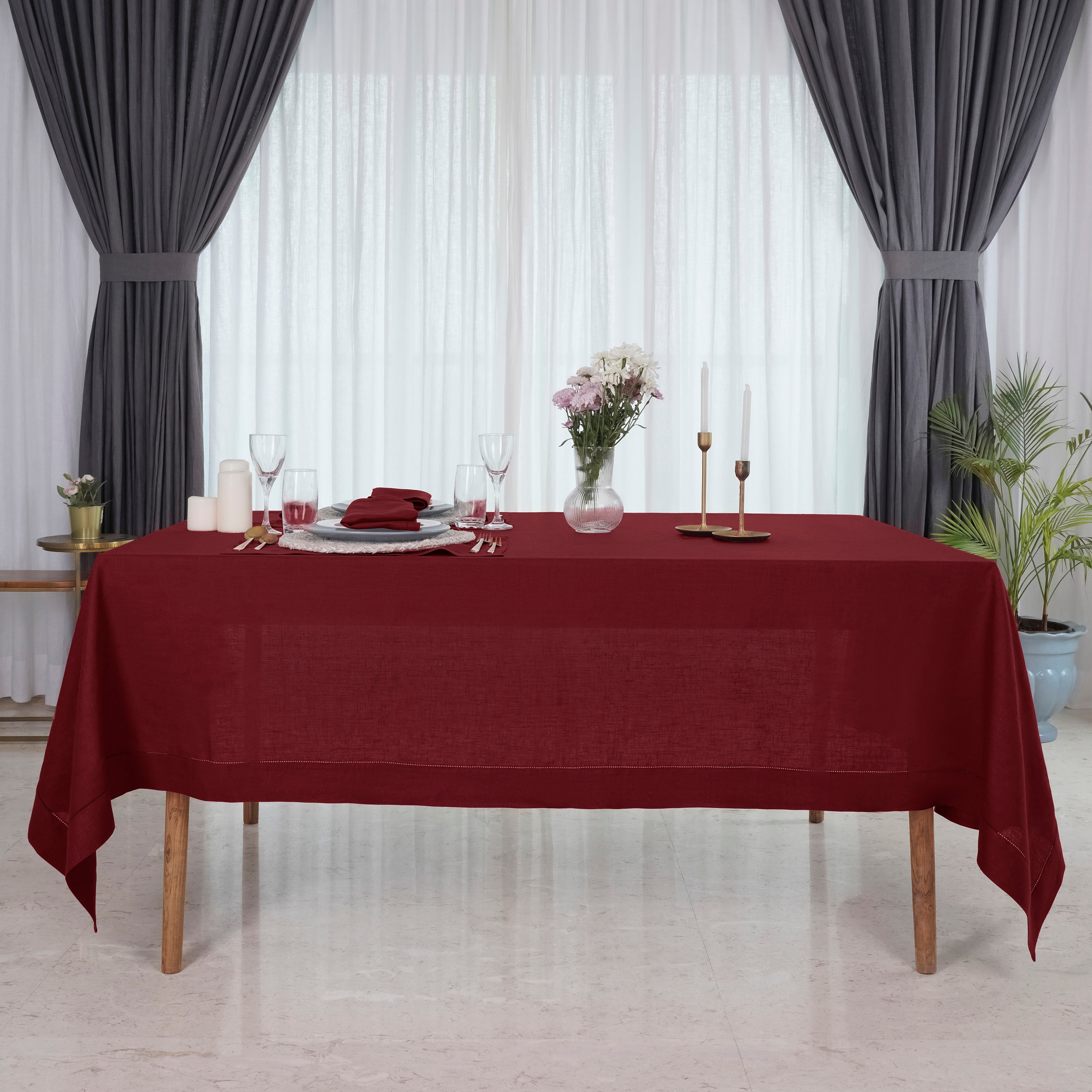 Dark Red Linen Tablecloth, Hemstitch