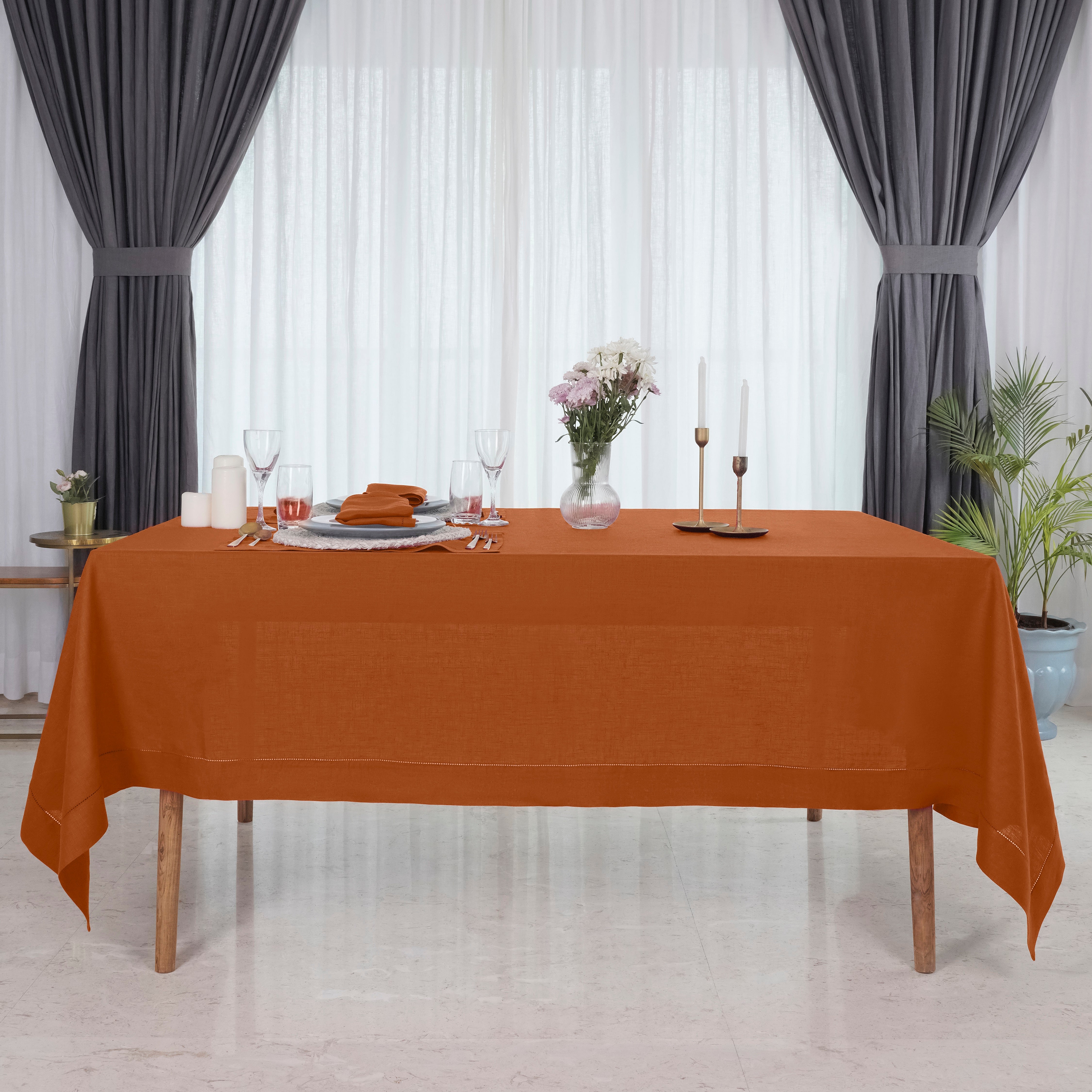 Rust Linen Tablecloth, Hemstitch