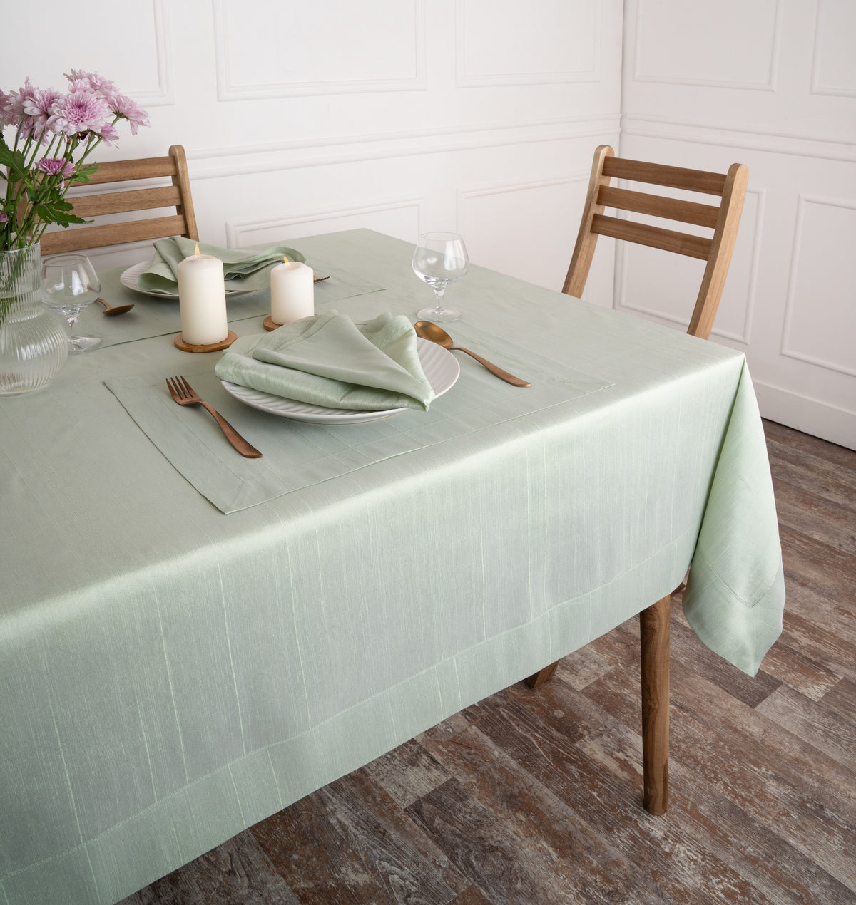 Sage Green Raw Silk Textured Tablecloth - Mitered Corner