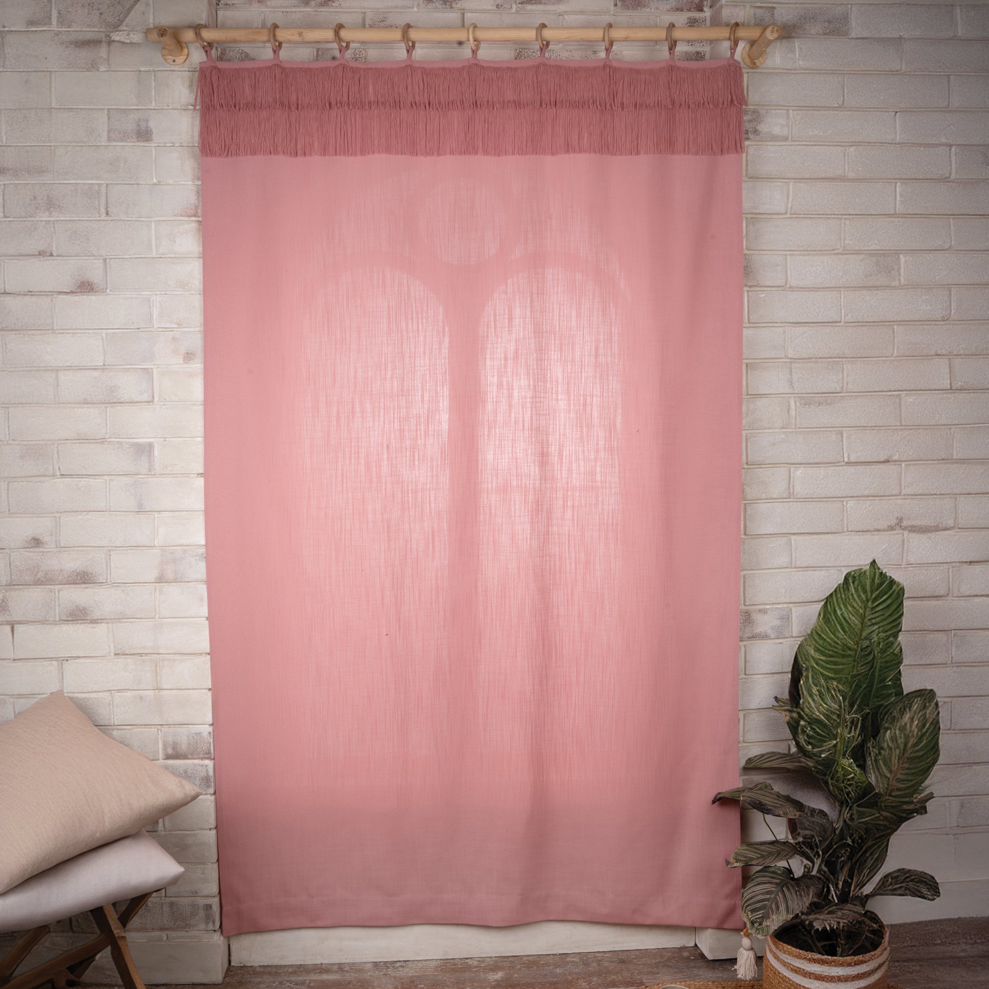 Dusty Pink Faux Linen Double Fringe Curtain