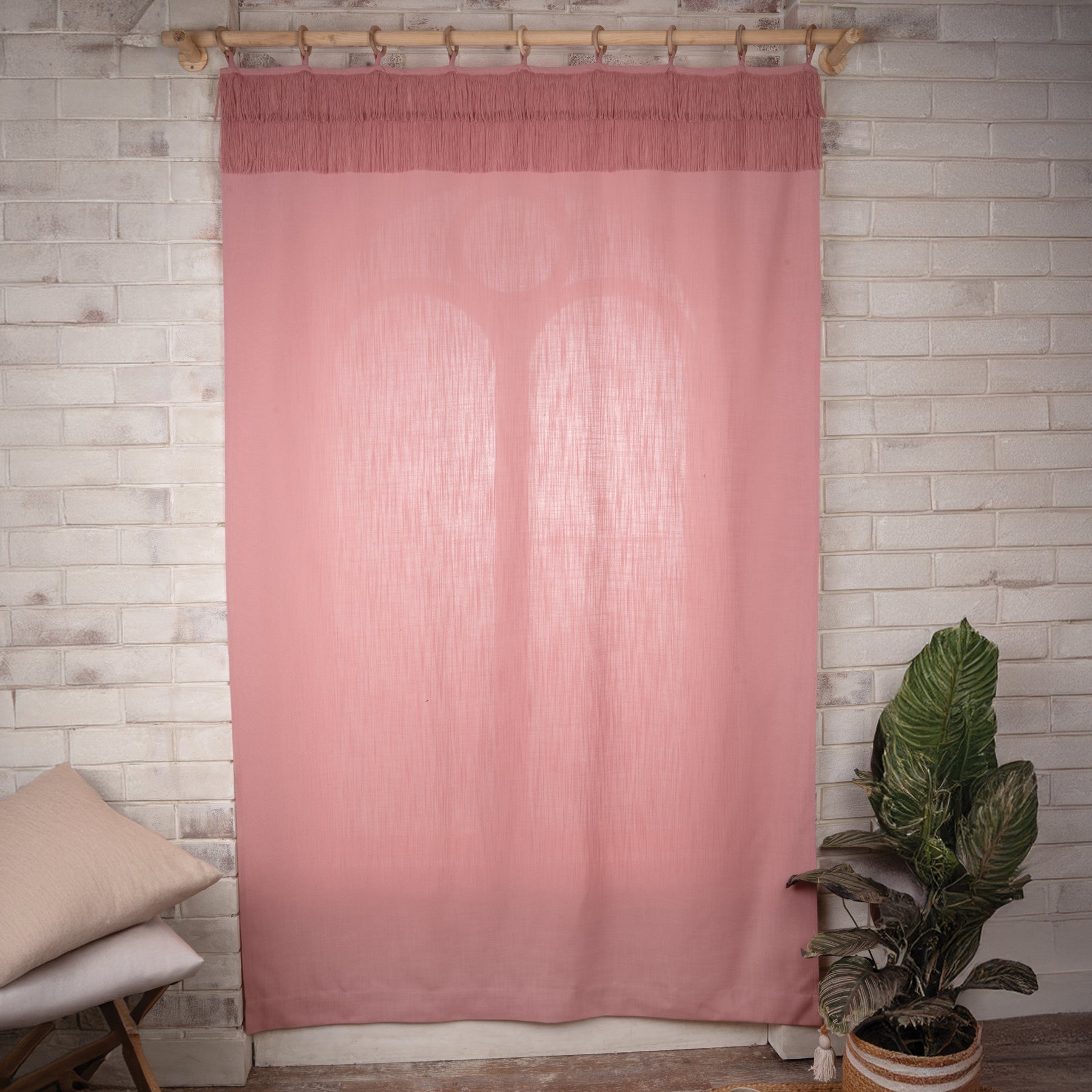 Dusty Pink Faux Linen Double Fringe Curtains | 1 Panel