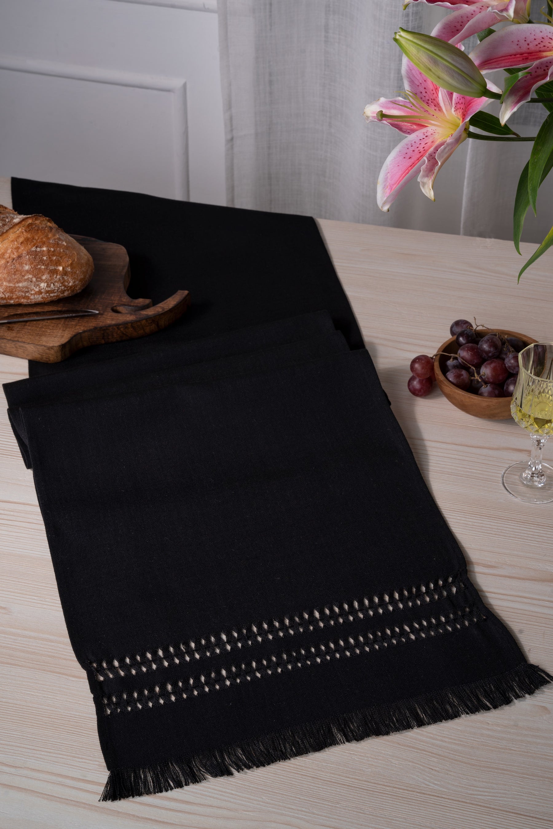 Black Linen Textured Table Runner - Hand Hemstitch