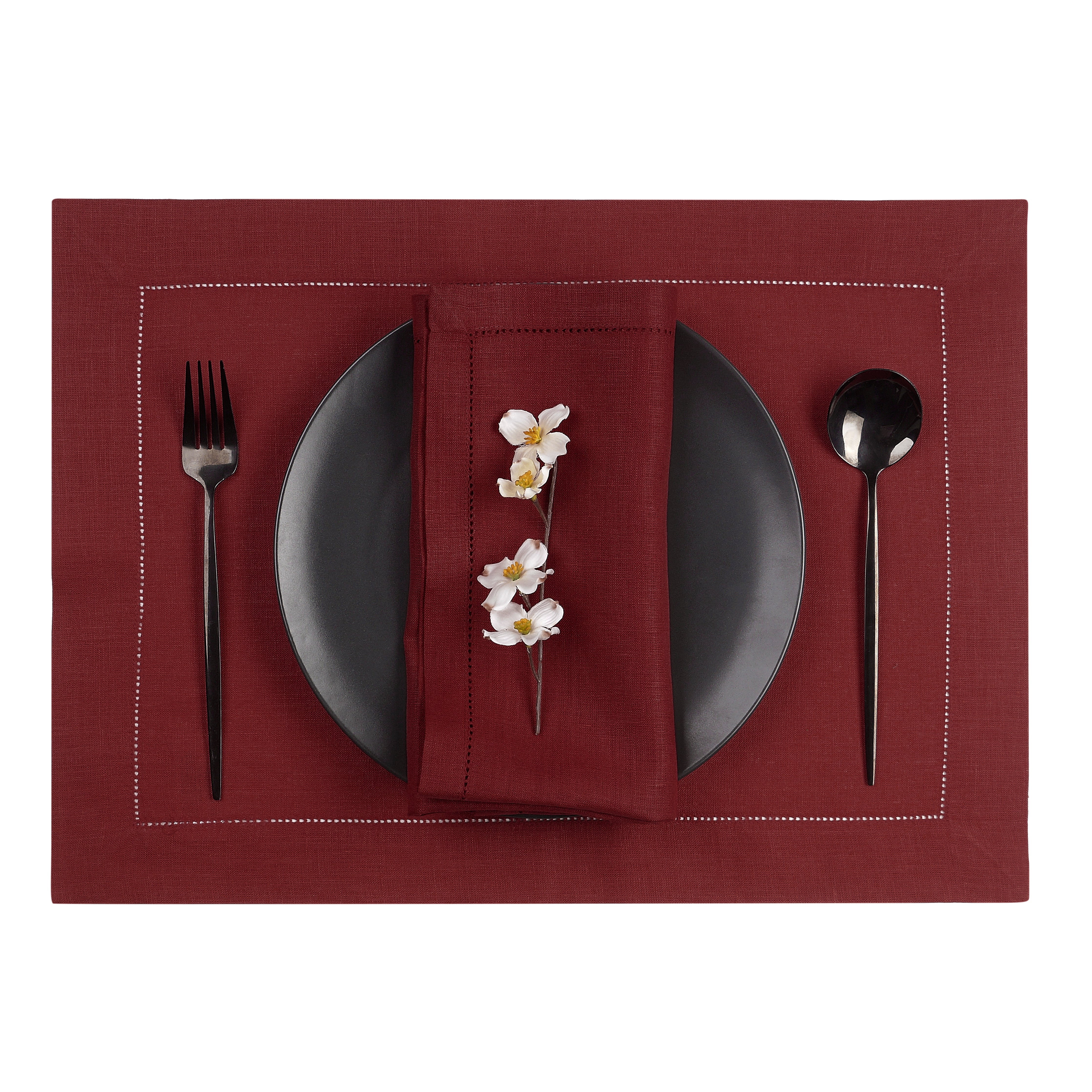 Dark Red Linen Placemats, Hemstitch, 14 x 19 inch, 4 pcs
