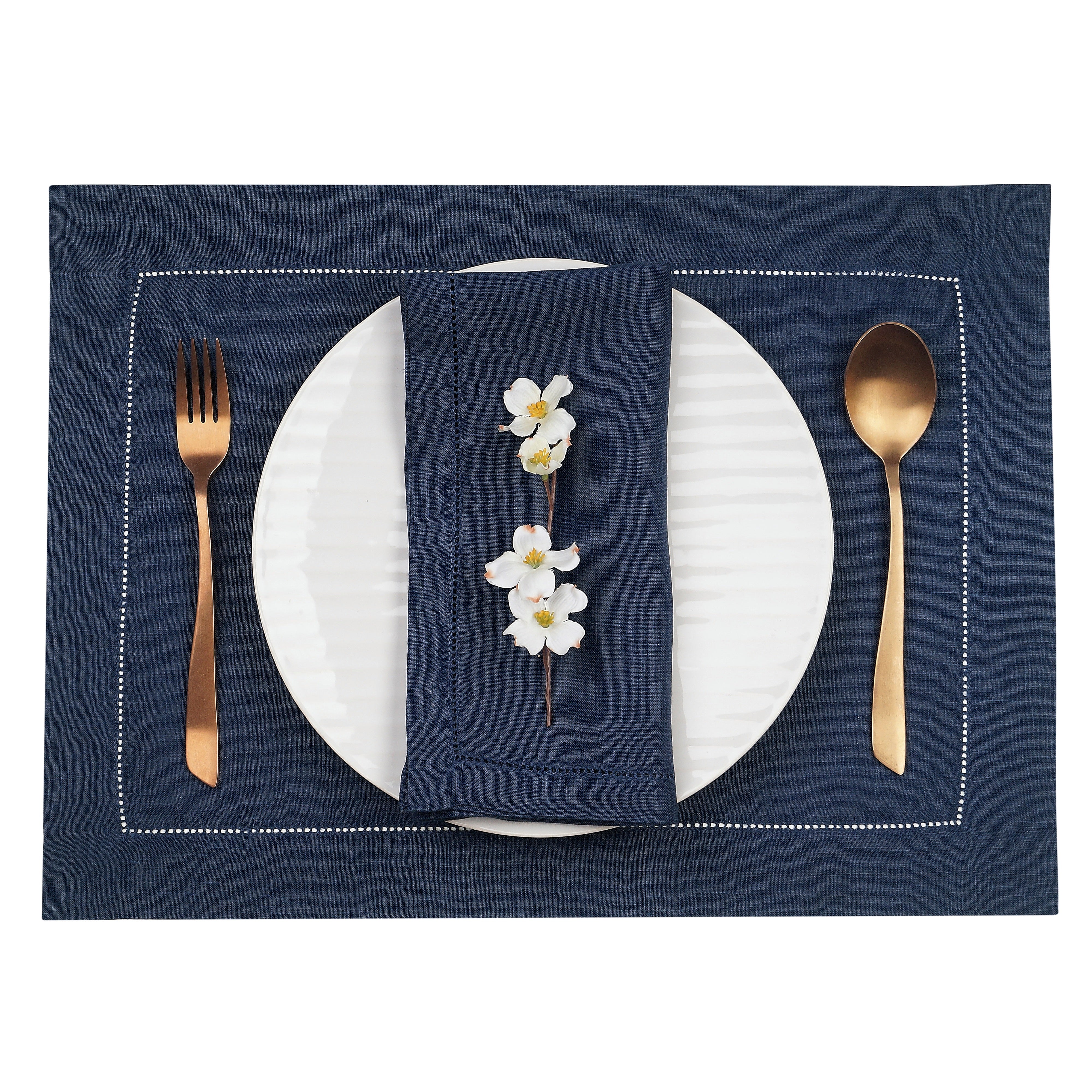 Navy Blue Linen Placemats, Hemstitch, 14 x 19 inch, 4 pcs