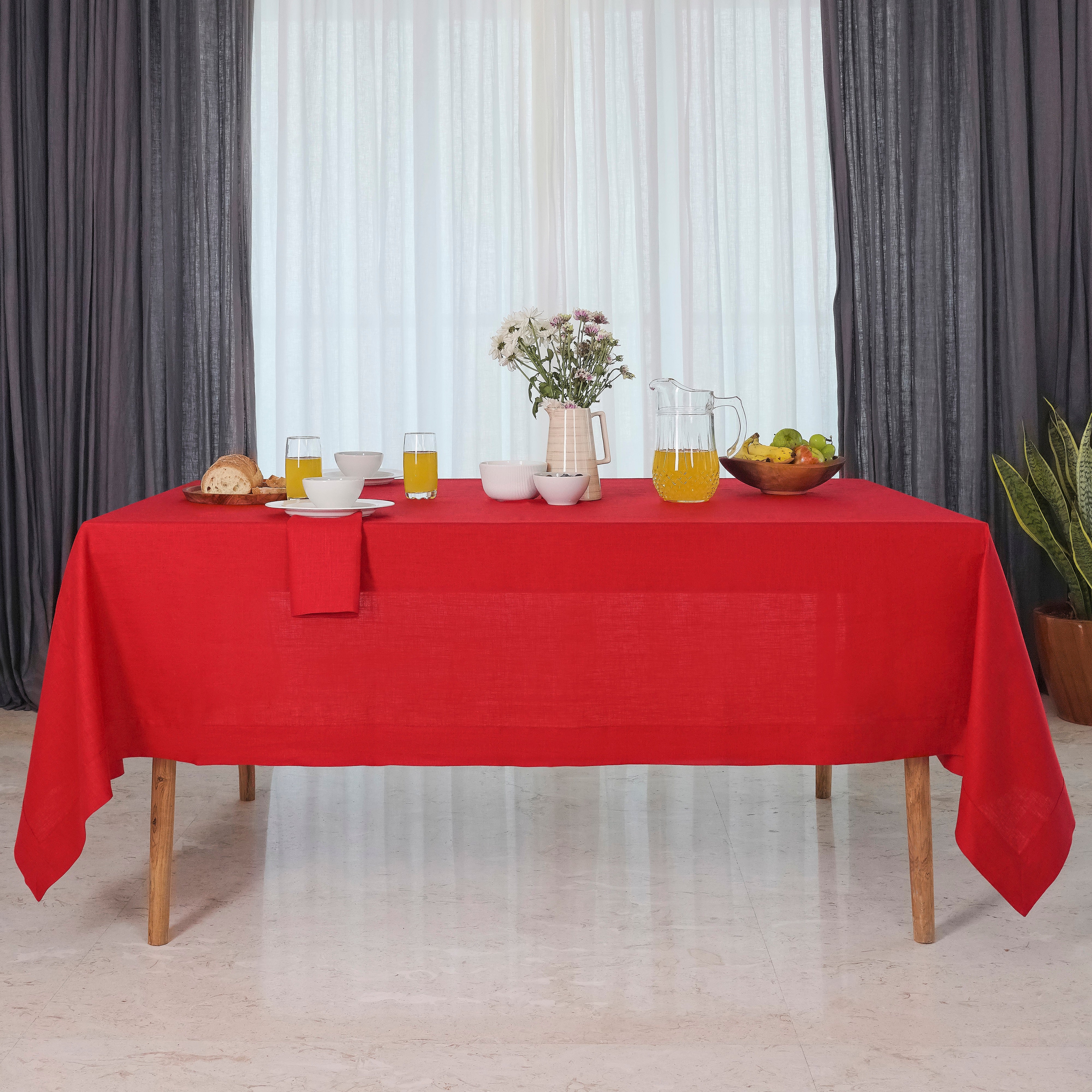 Bright Red Linen Tablecloth, Hemmed