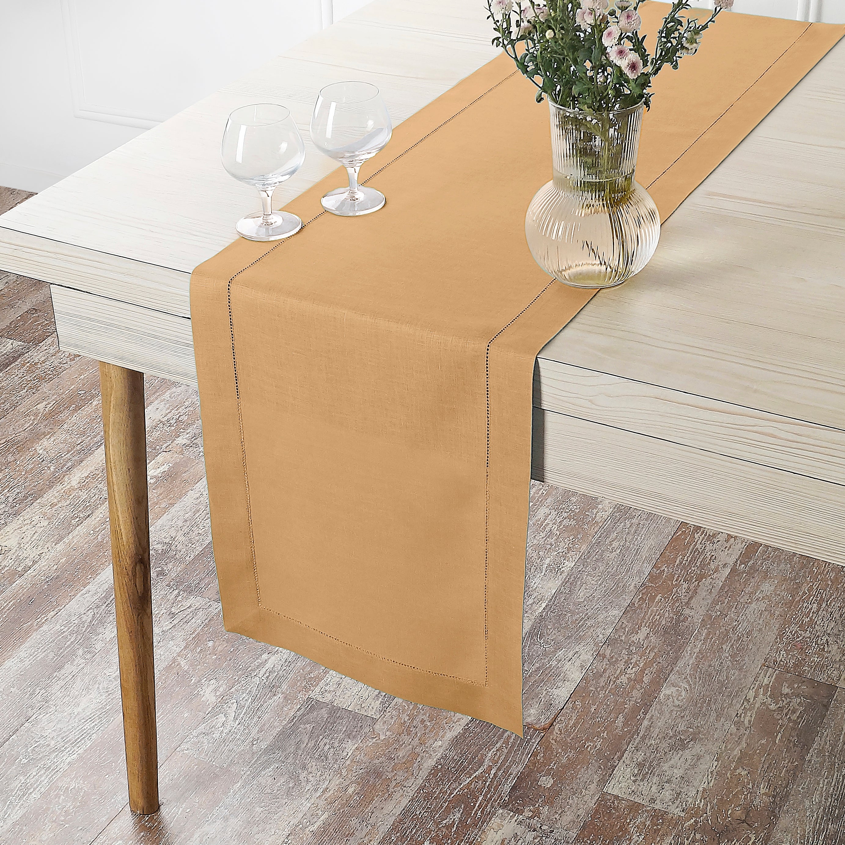 Beige Pure Linen Table Runner - Hemstitch