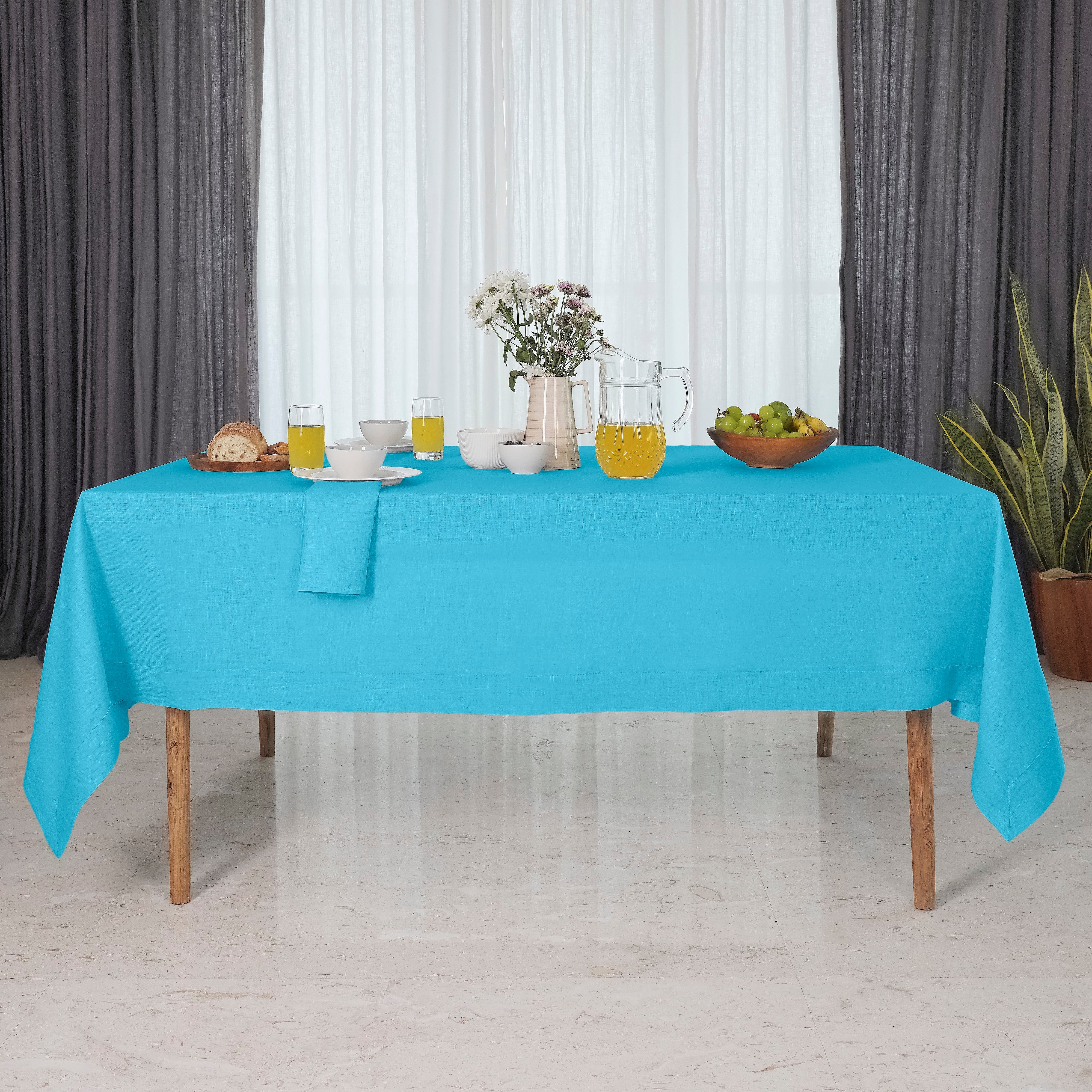 Cyan Blue Linen Tablecloth, Hemmed