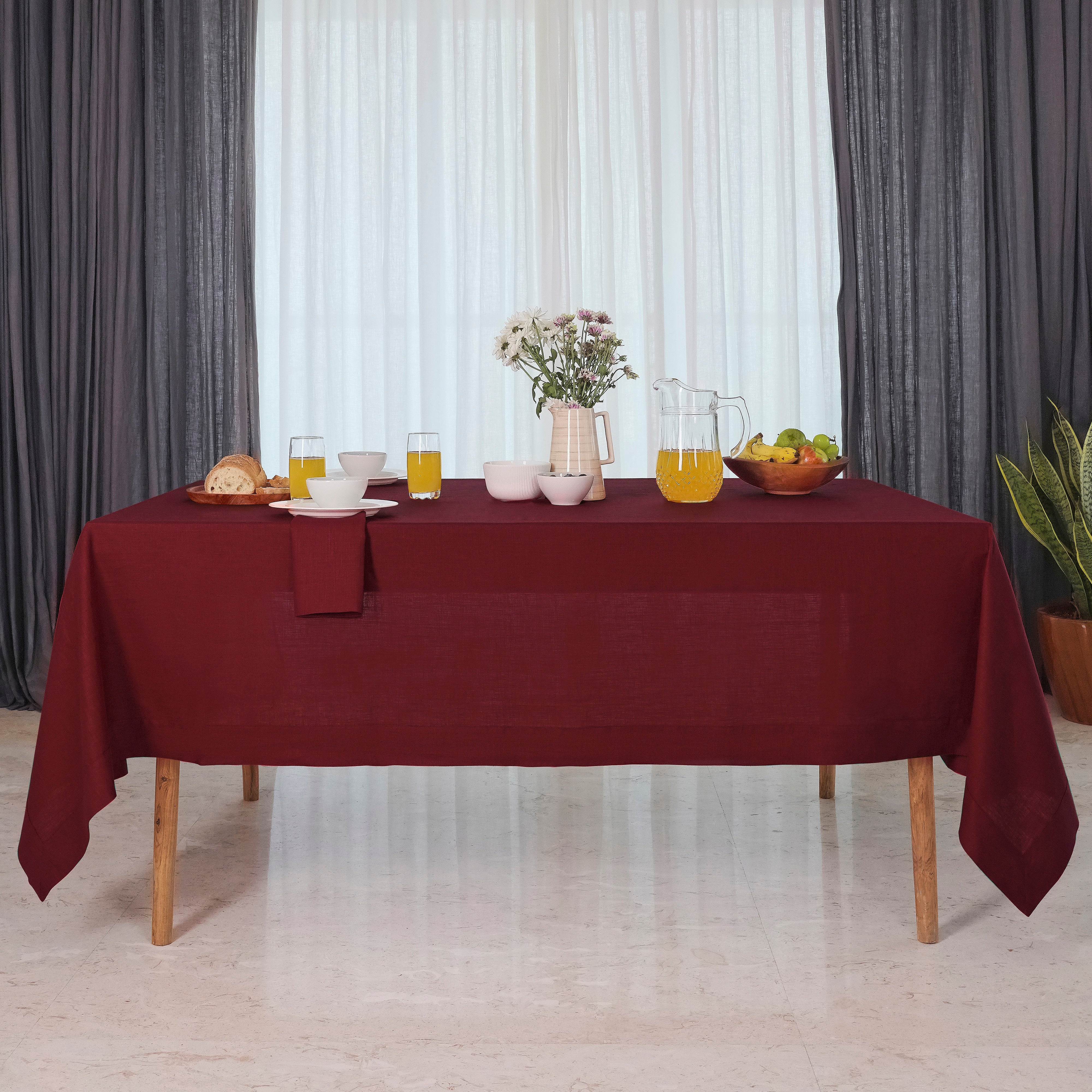 Dark Red Linen Tablecloth, Hemmed