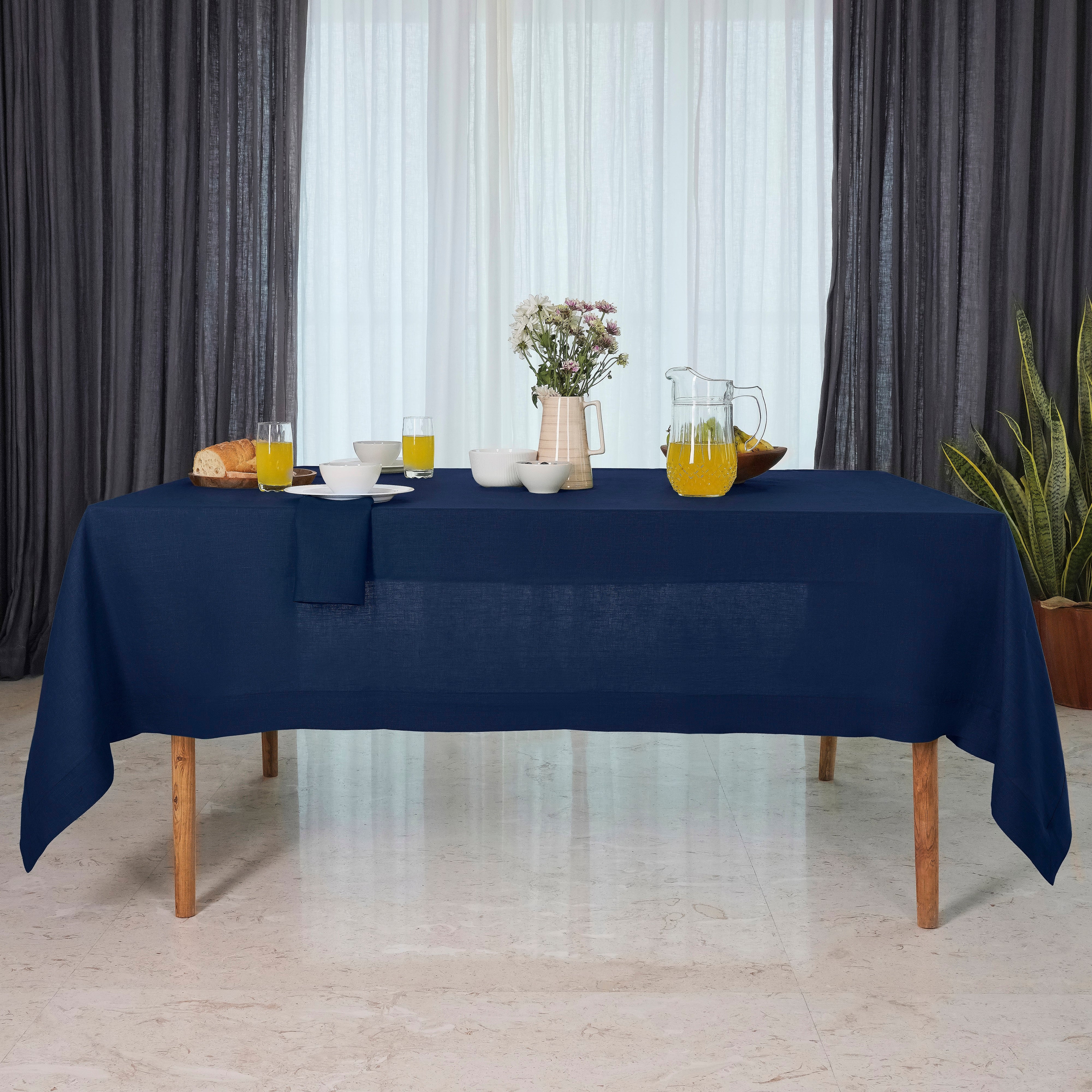 Navy Blue Linen Tablecloth, Hemstitch