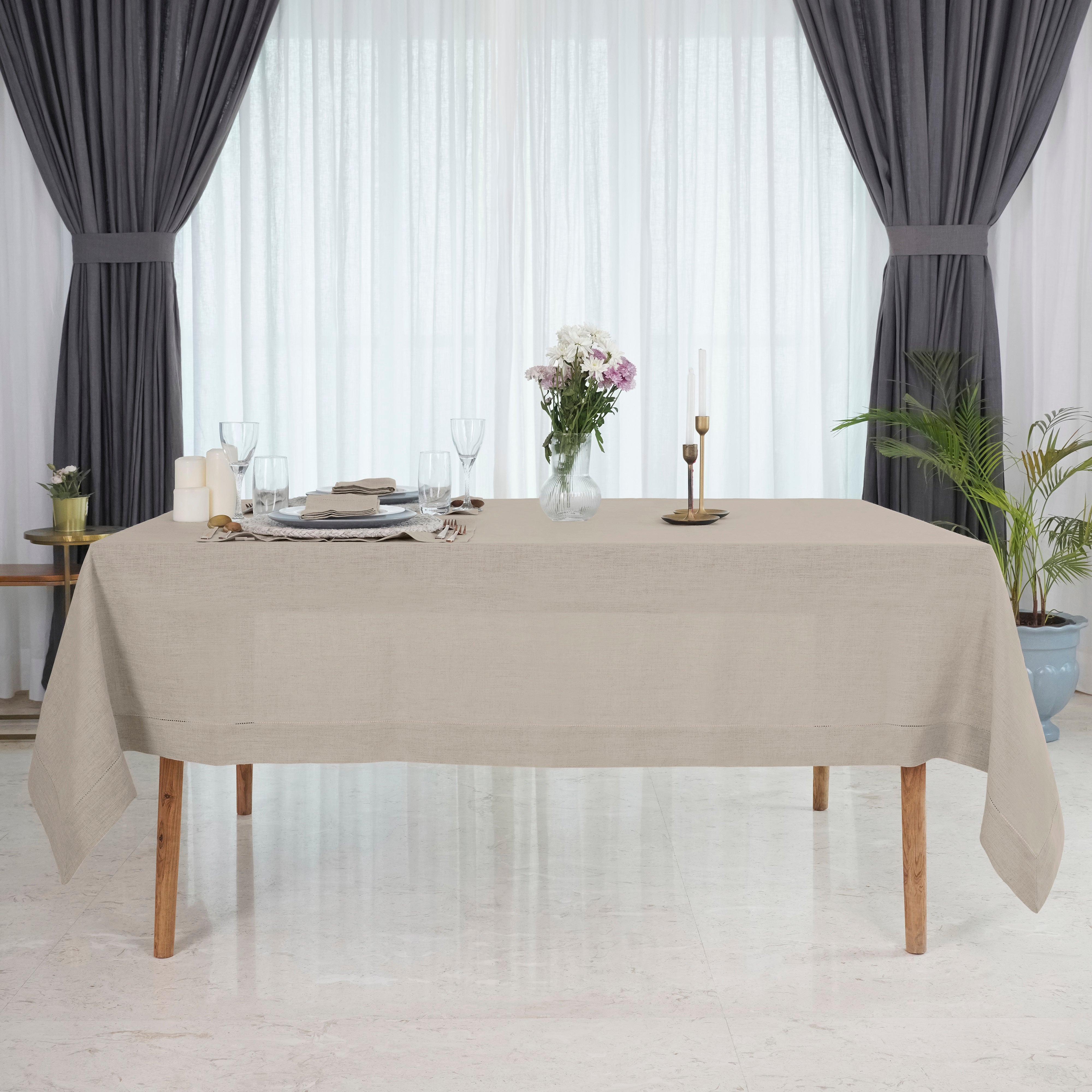 Natural Pure Linen Tablecloth, Hemstitch