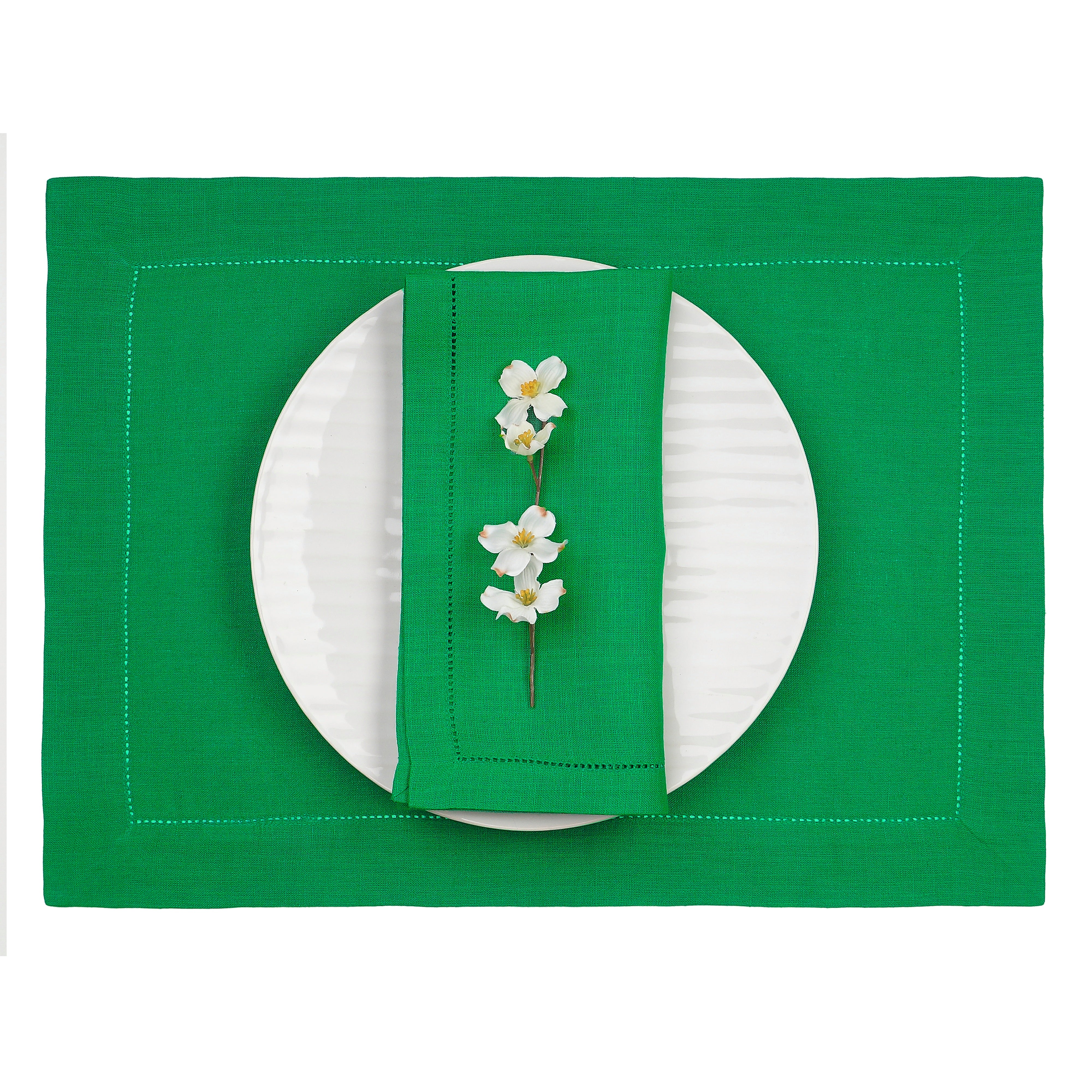 Kelly Green Linen Placemats, Hemstitch, 14 x 19 inch, 4 pcs