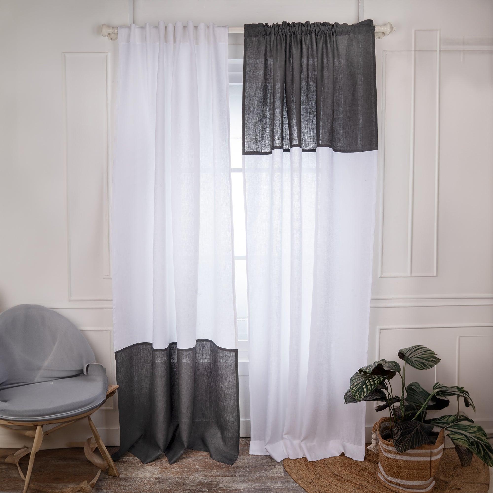 White and Charcoal Grey Color Block Curtain