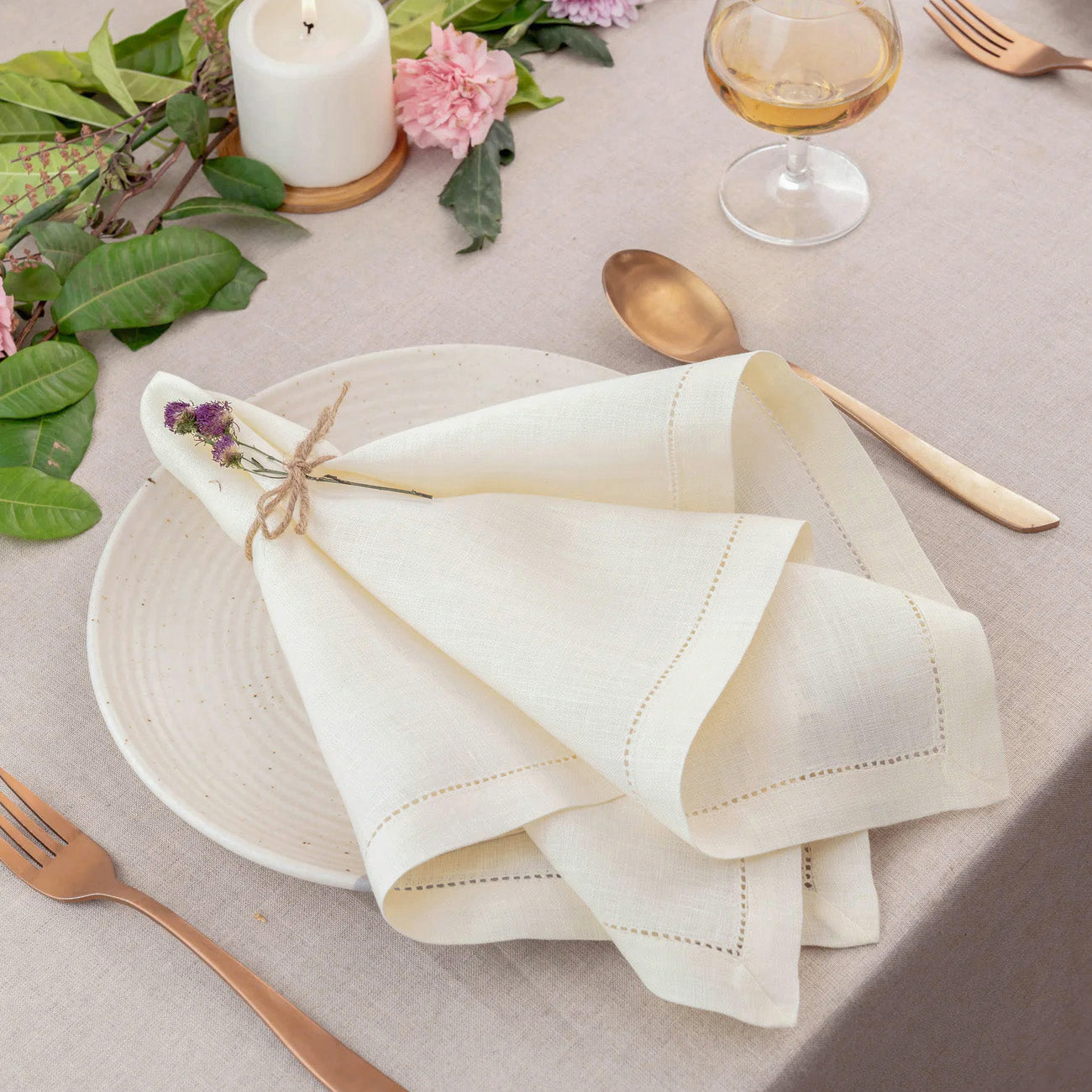 Ivory Linen Napkins, Hemstitch, 20 x 20 inch, 4 pcs