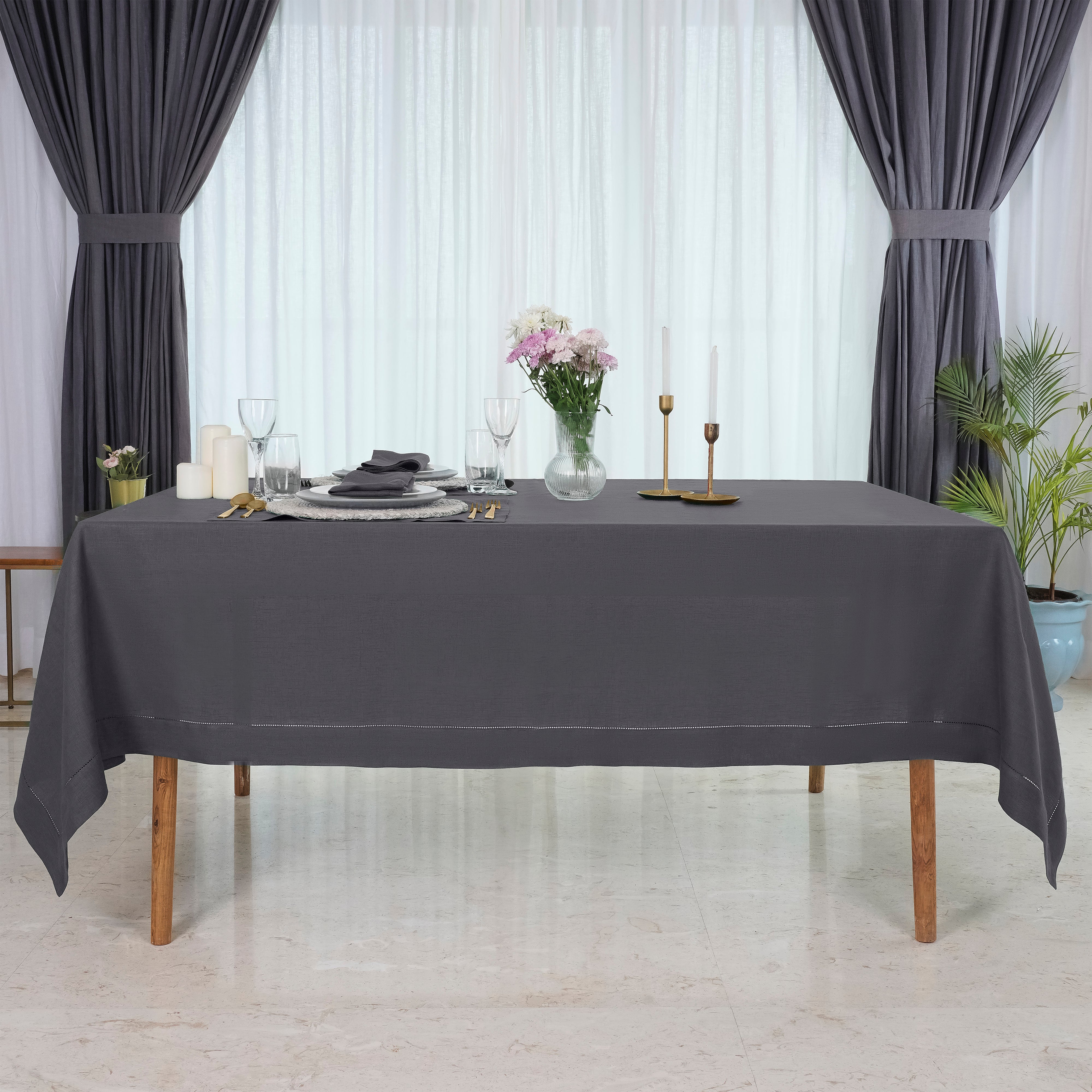 Charcoal Grey Pure Linen Tablecloth, Hemstitch