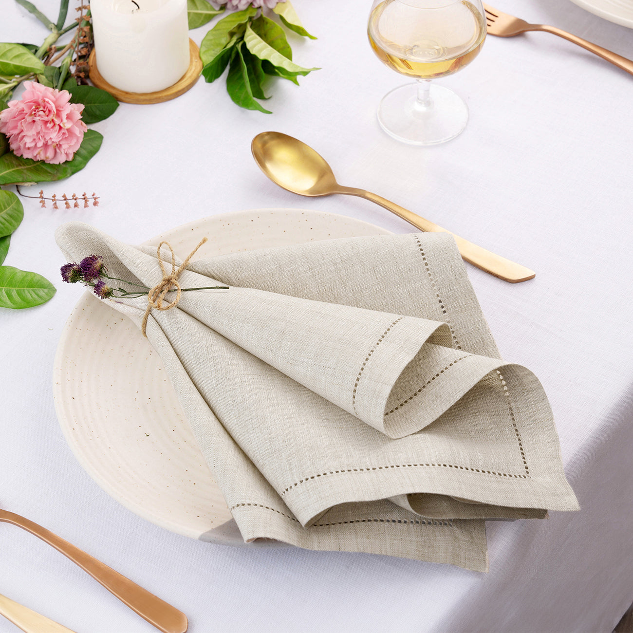 Light Natural Linen Napkins, Hemstitch, 20 x 20 inch, 4 pcs