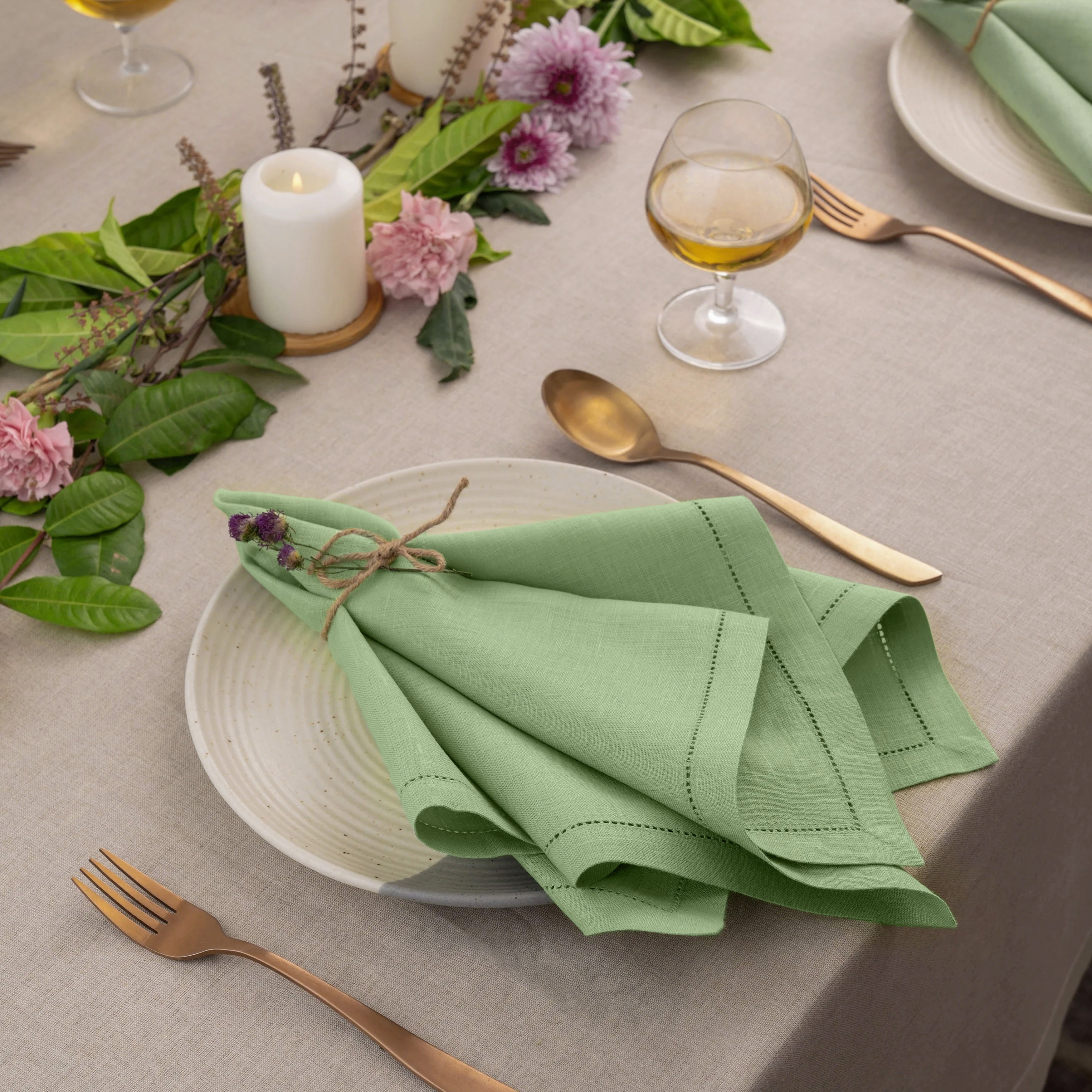 Sage Green Linen Napkins, Hemstitch, 20 x 20 inch, 4 pcs