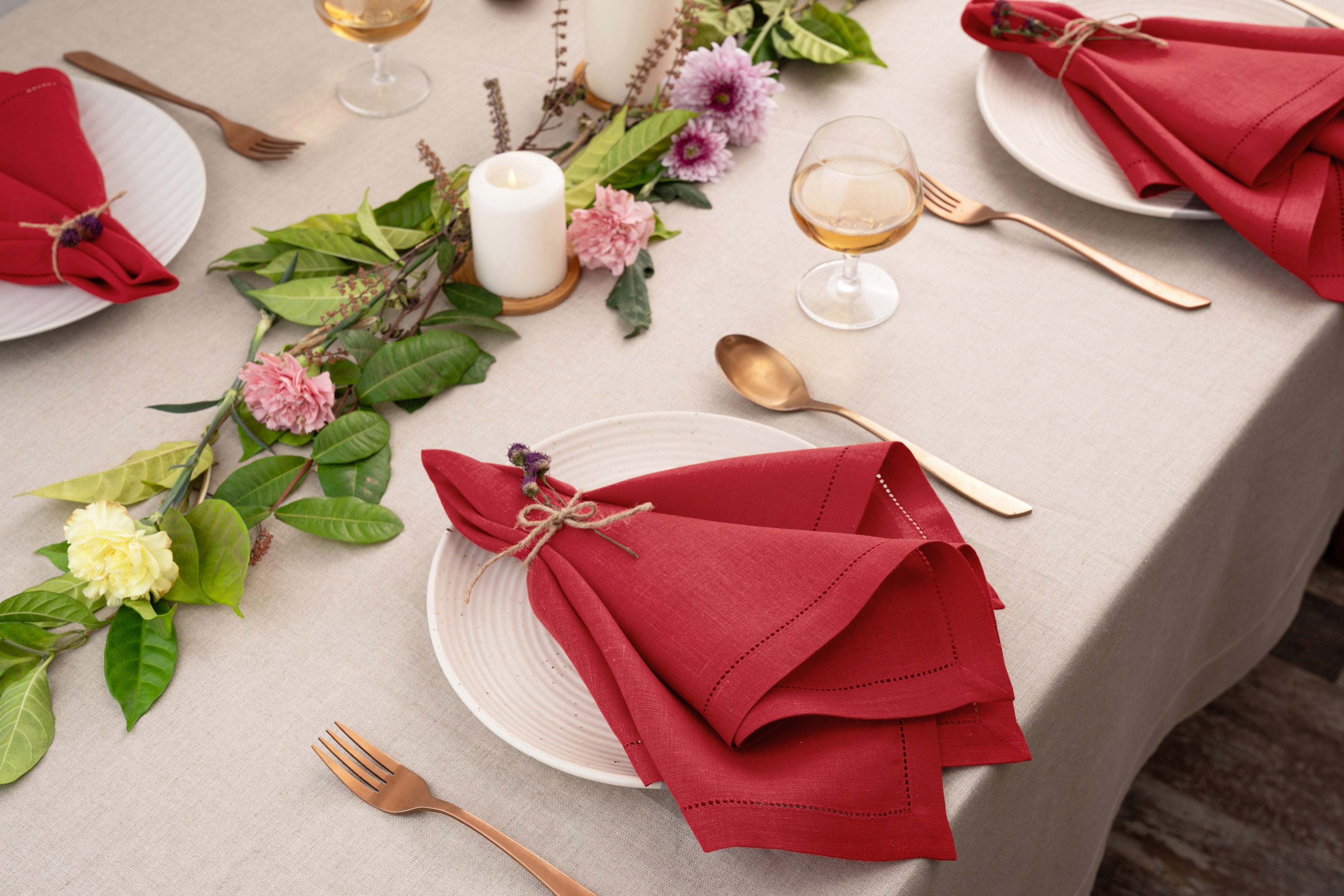 Bright Red Linen Napkins, Hemstitch, 20 x 20 inch, 4 pcs