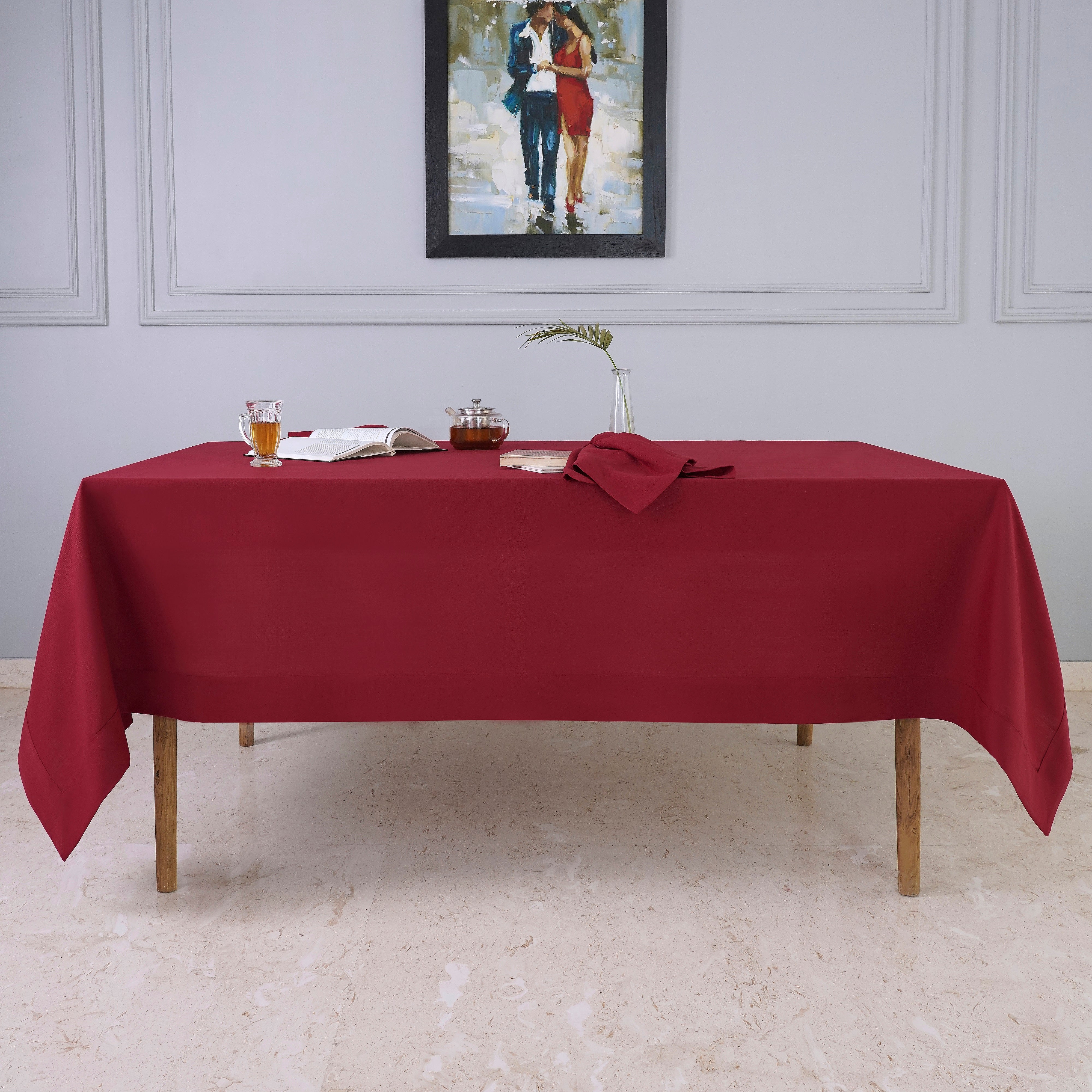 Red Tablecloth, Faux Linen, Mitered Corner