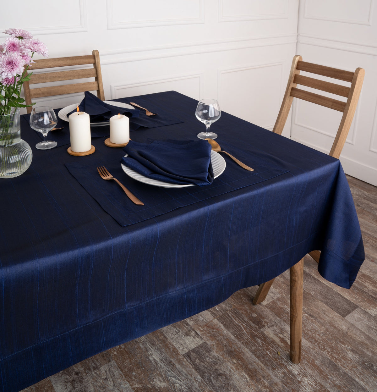Navy Blue Raw Silk Textured Tablecloth - Mitered Corner