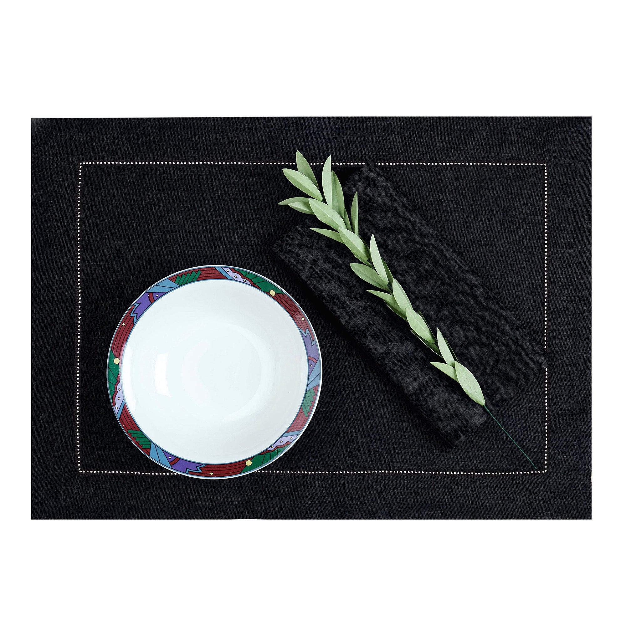 Black Linen Placemats, Hemstitch, 14 x 19 inch, 4 pcs