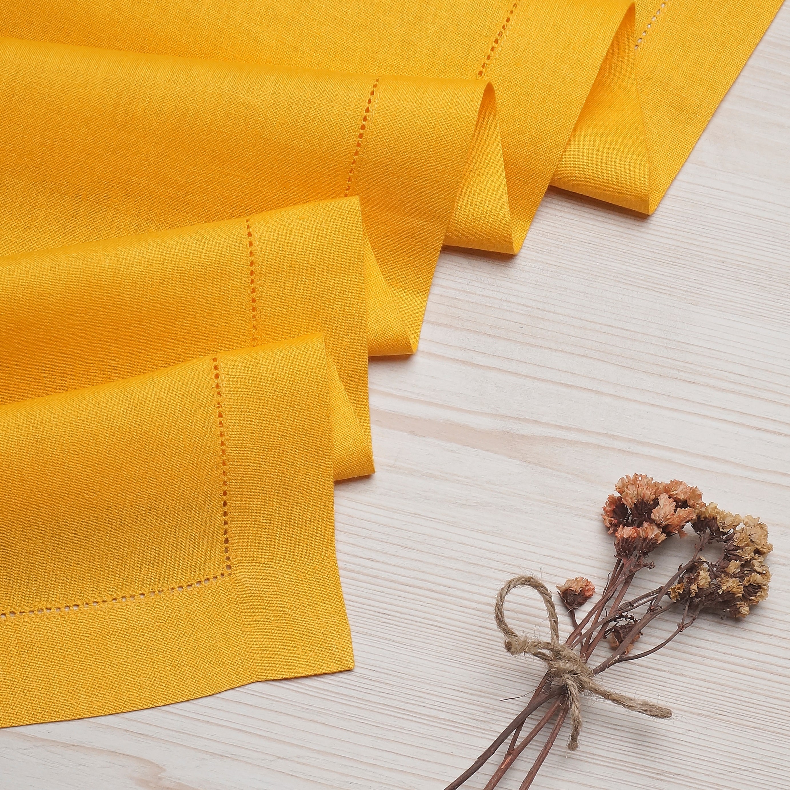 Sunflower Yellow Linen Table Runner, Hemstitch