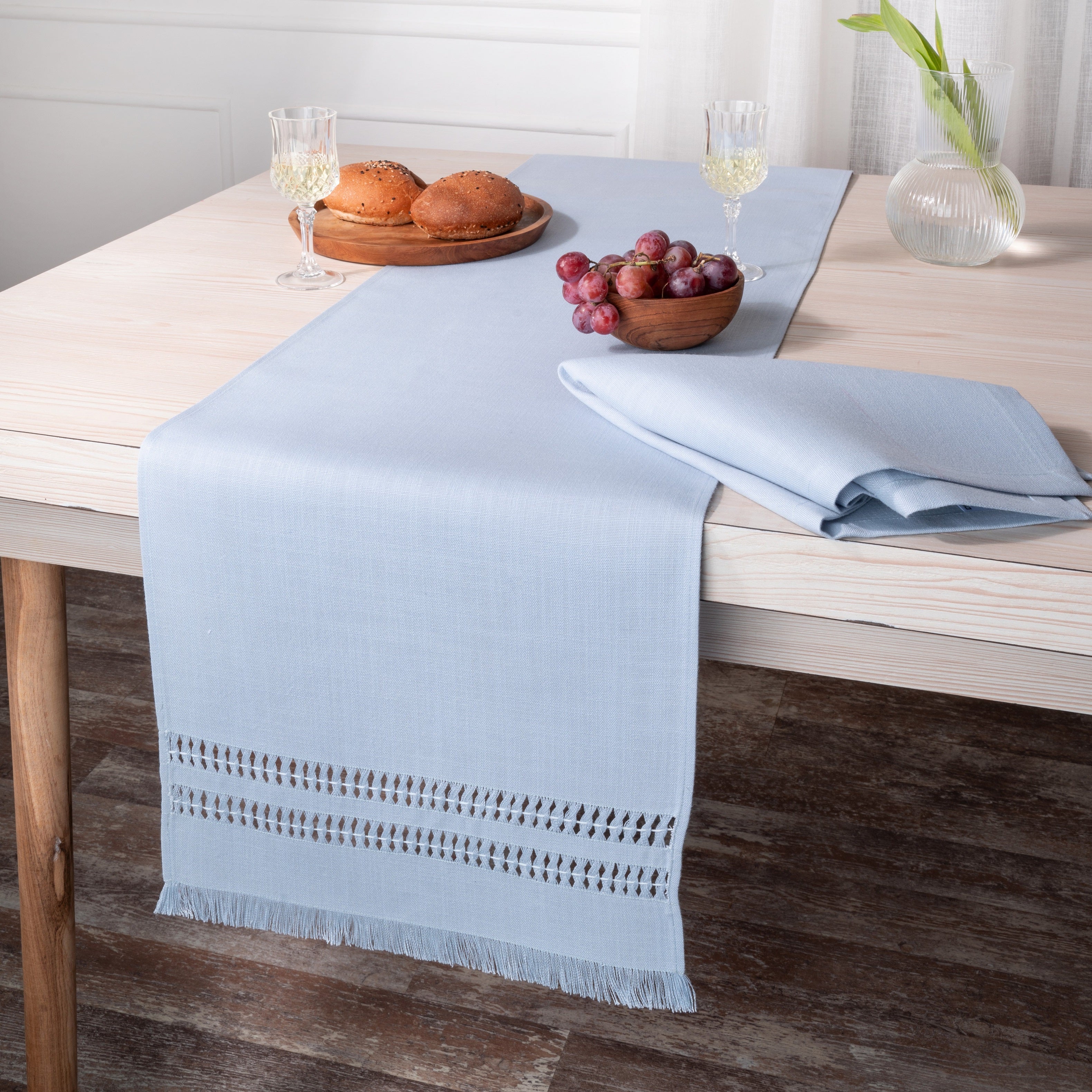 Light Blue Table Runner, Faux Linen, Hand Hemstitch