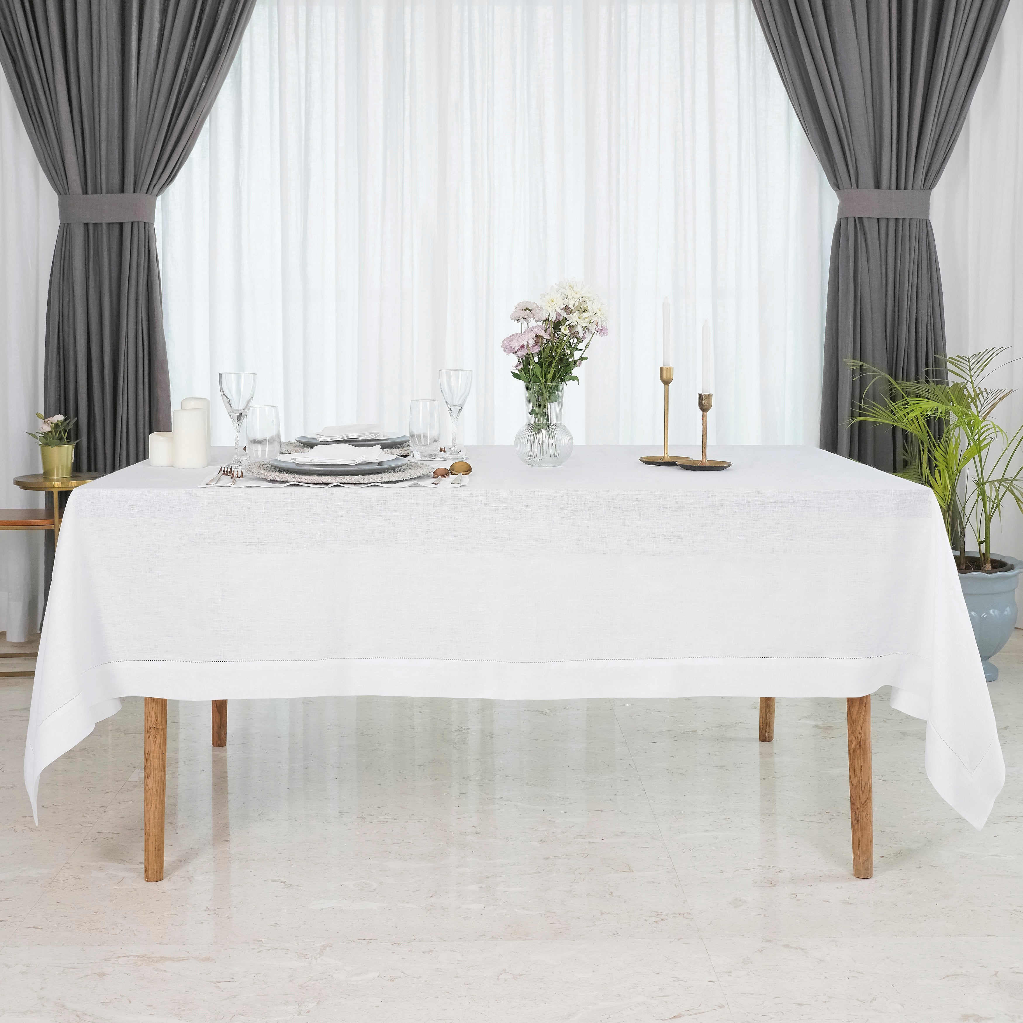 White Linen Tablecloth, Hemstitch
