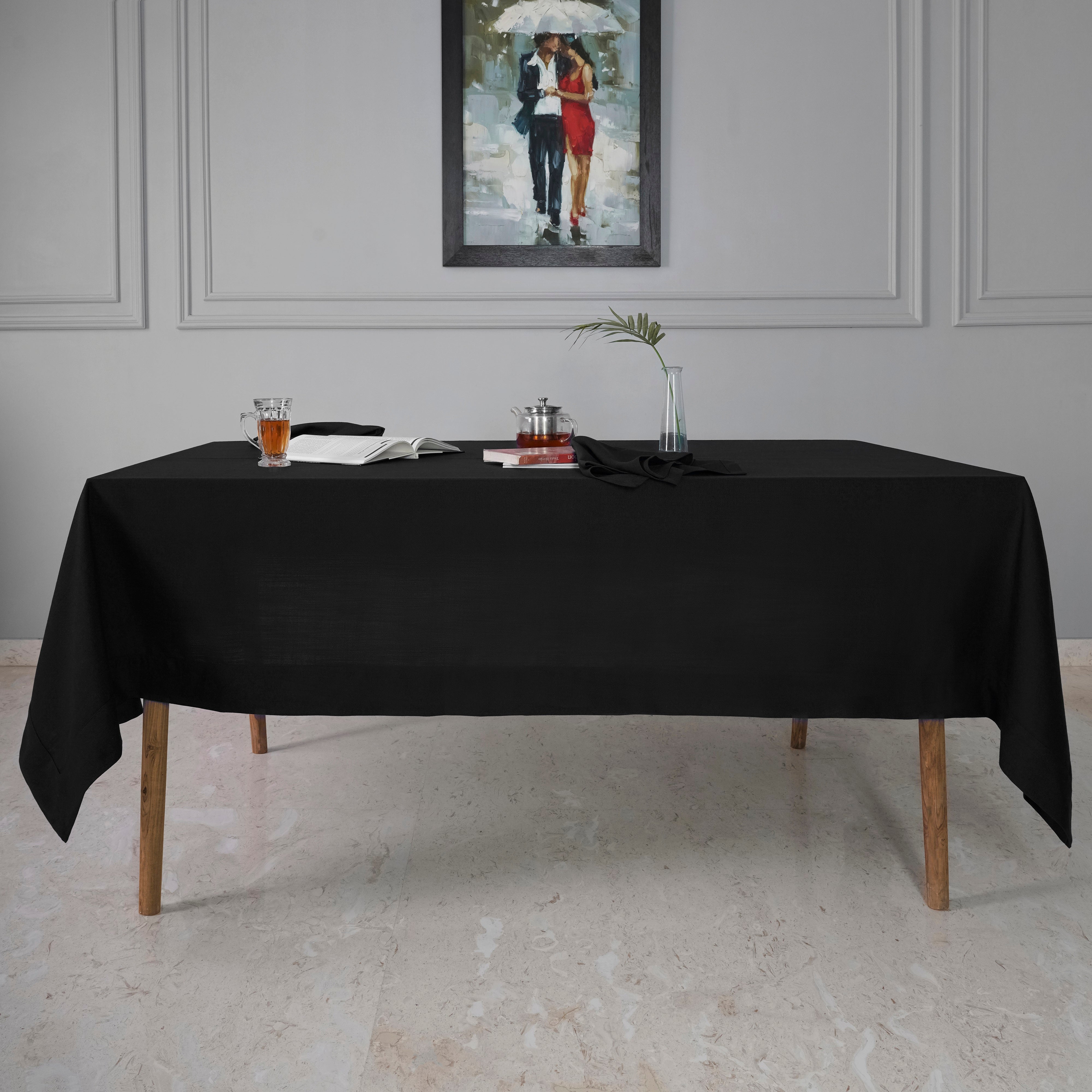 Black Tablecloth, Faux Linen, Mitered Corner